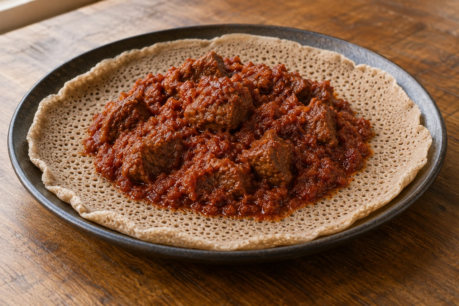 Sega wot in a thick red onion sauce on porous injera