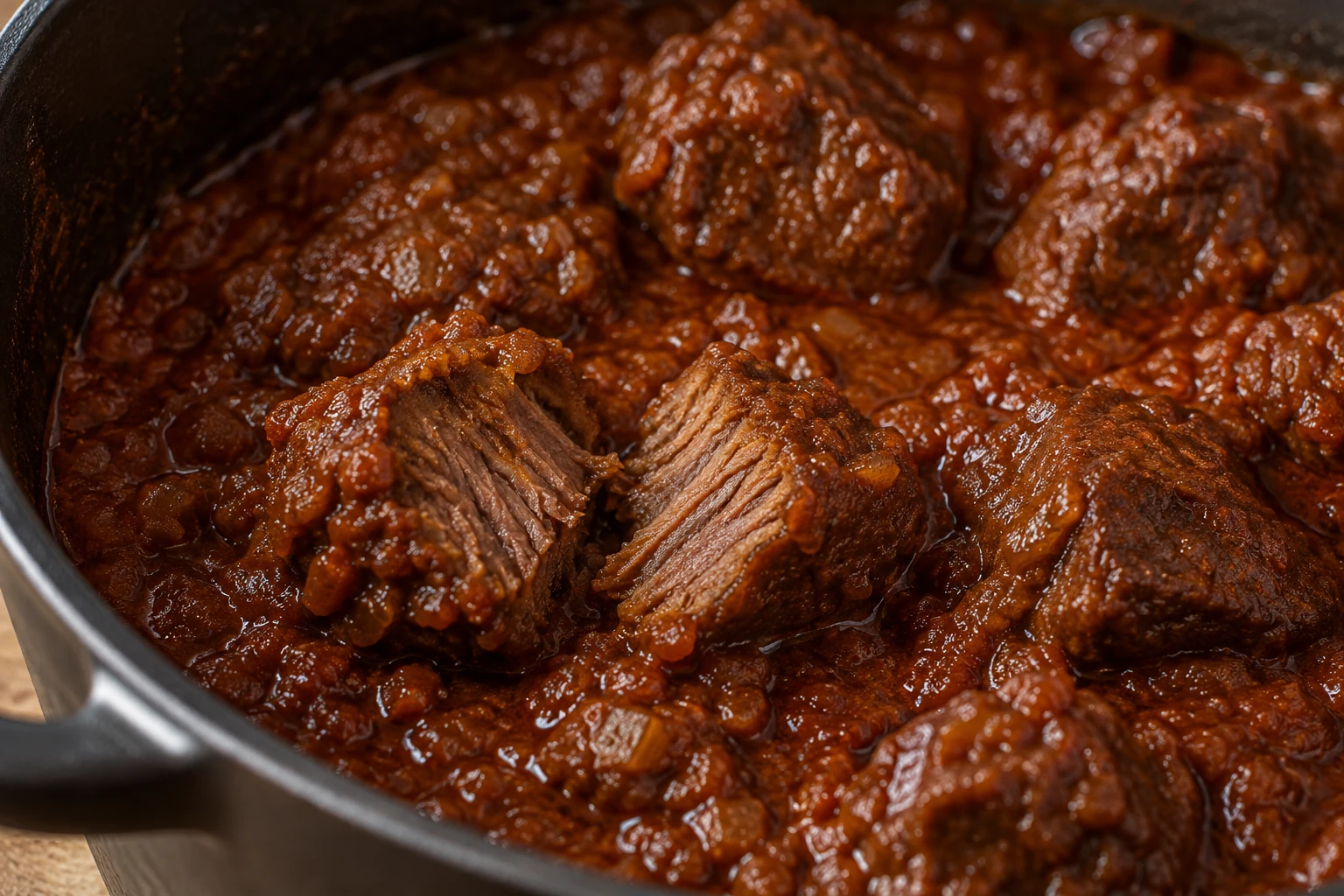 A piece of cooked beef opened to show its fibers in thick red stew sauce