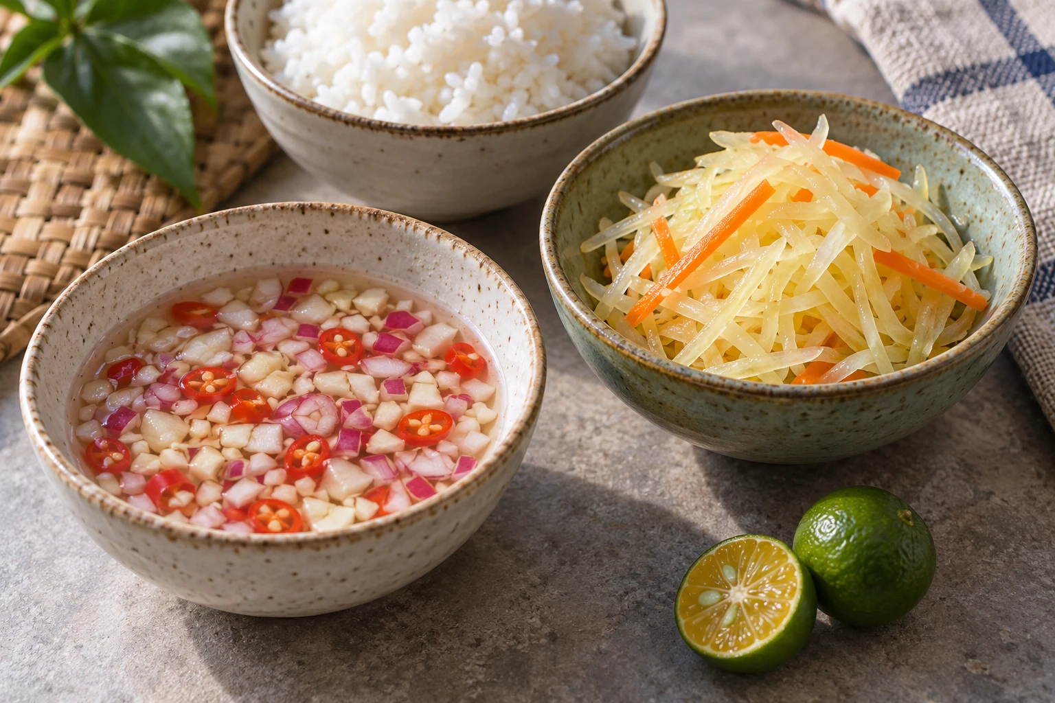 Bowls of garlic chili vinegar, shredded papaya pickle and white rice