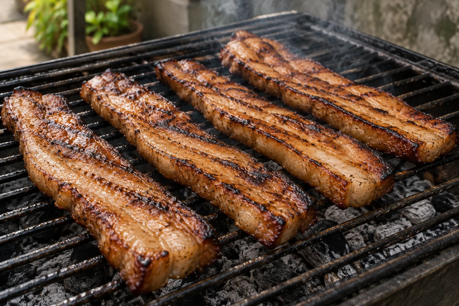 Narrow pork belly strips with caramelized surfaces spaced on a grill grate