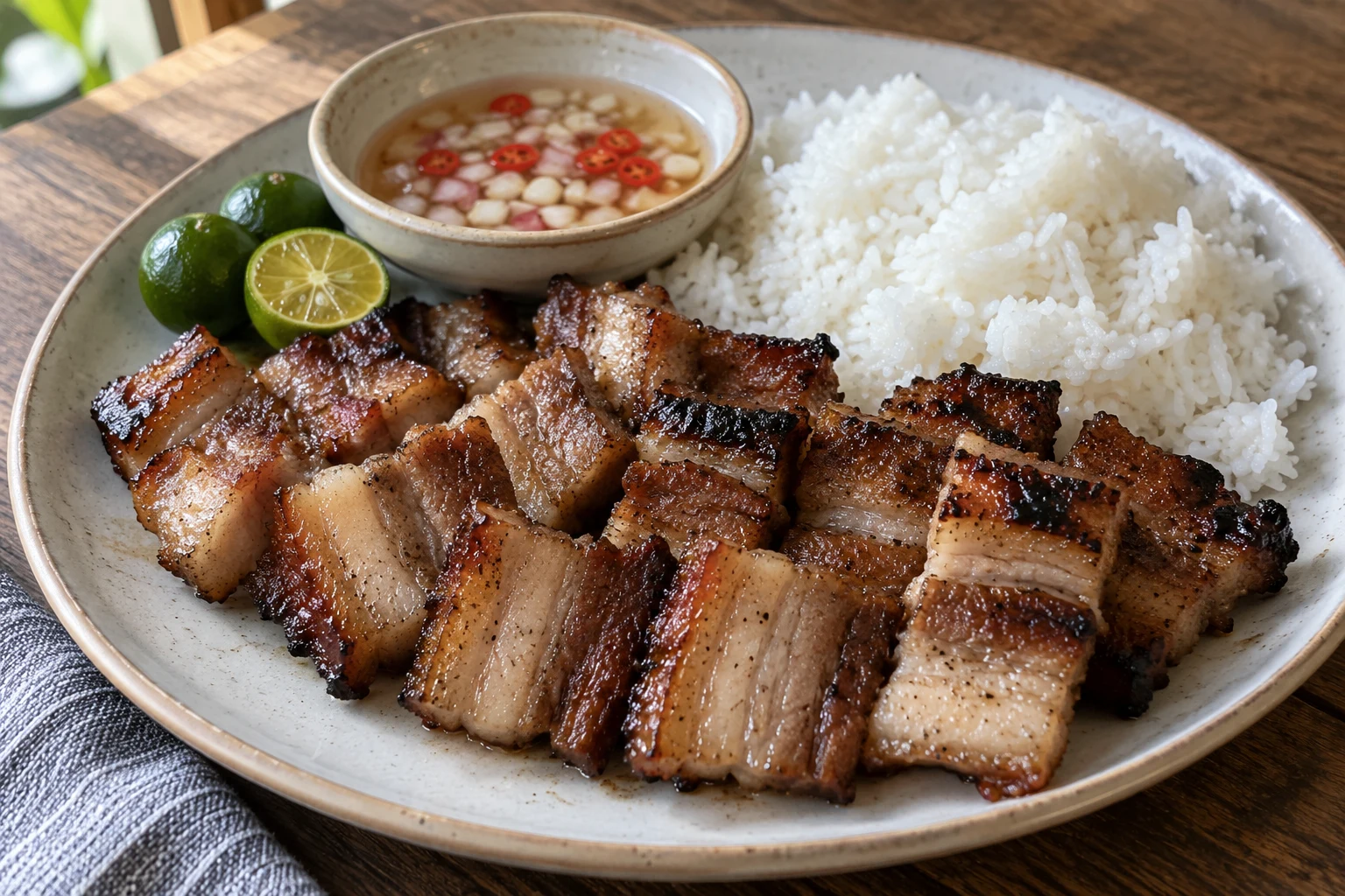Sliced grilled pork belly with white rice, spiced vinegar and calamansi