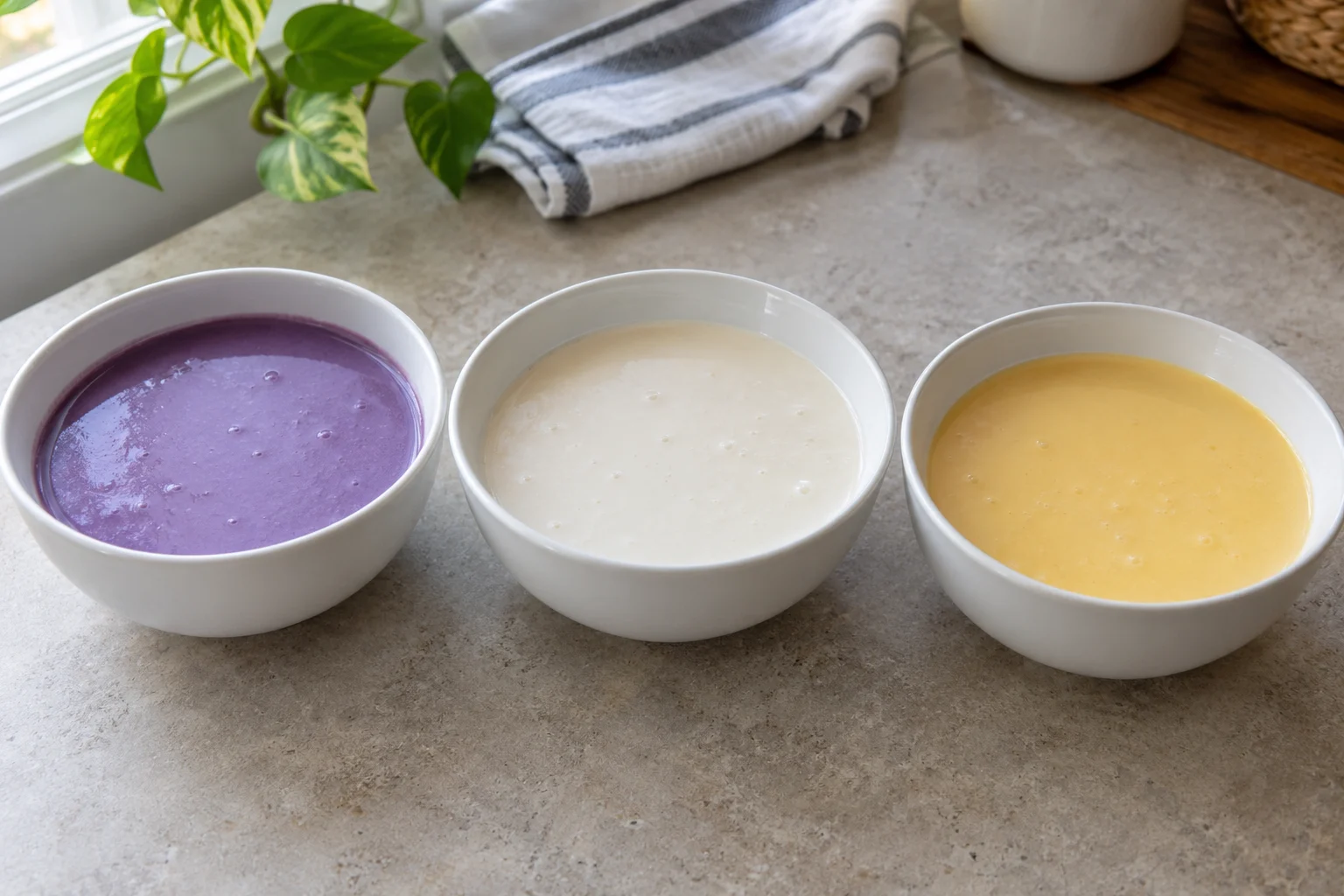 Three white bowls containing purple, white and yellow rice and coconut batters