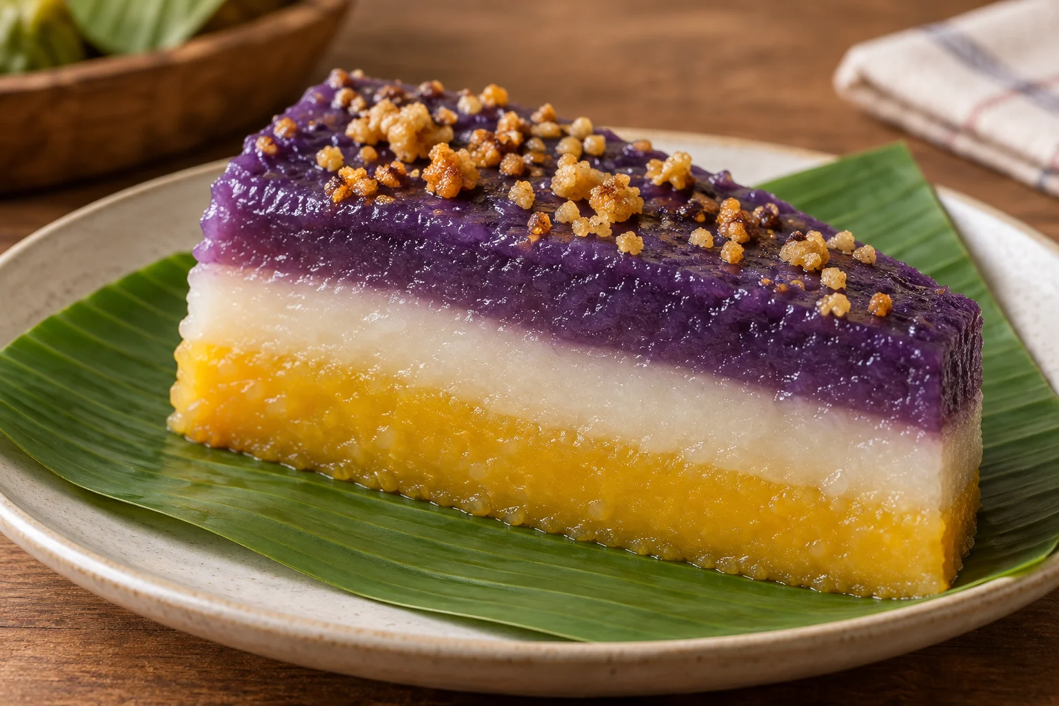 A wedge of sapin-sapin with purple, white and yellow layers and golden coconut curds on banana leaf