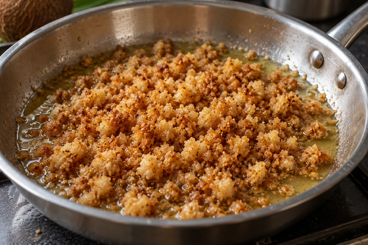 Golden brown coconut curds and separated coconut oil in a shallow metal pan
