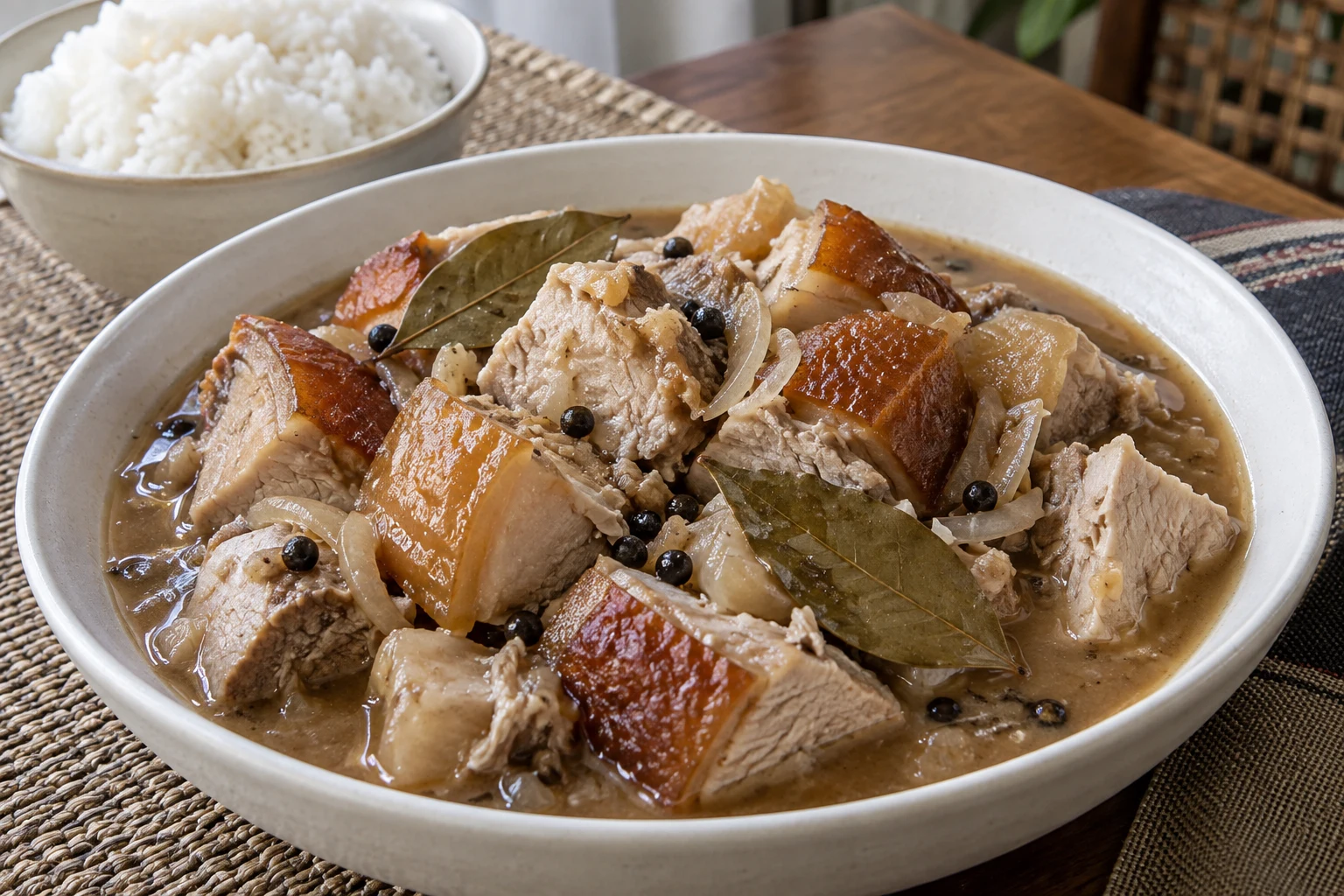 Cooked roast pork with softened brown skin in a bowl of lechon paksiw sauce, with rice beside it