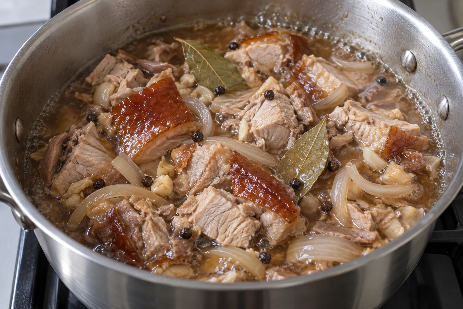 Roast pork chunks, bay leaves and peppercorns simmering in brown lechon paksiw sauce
