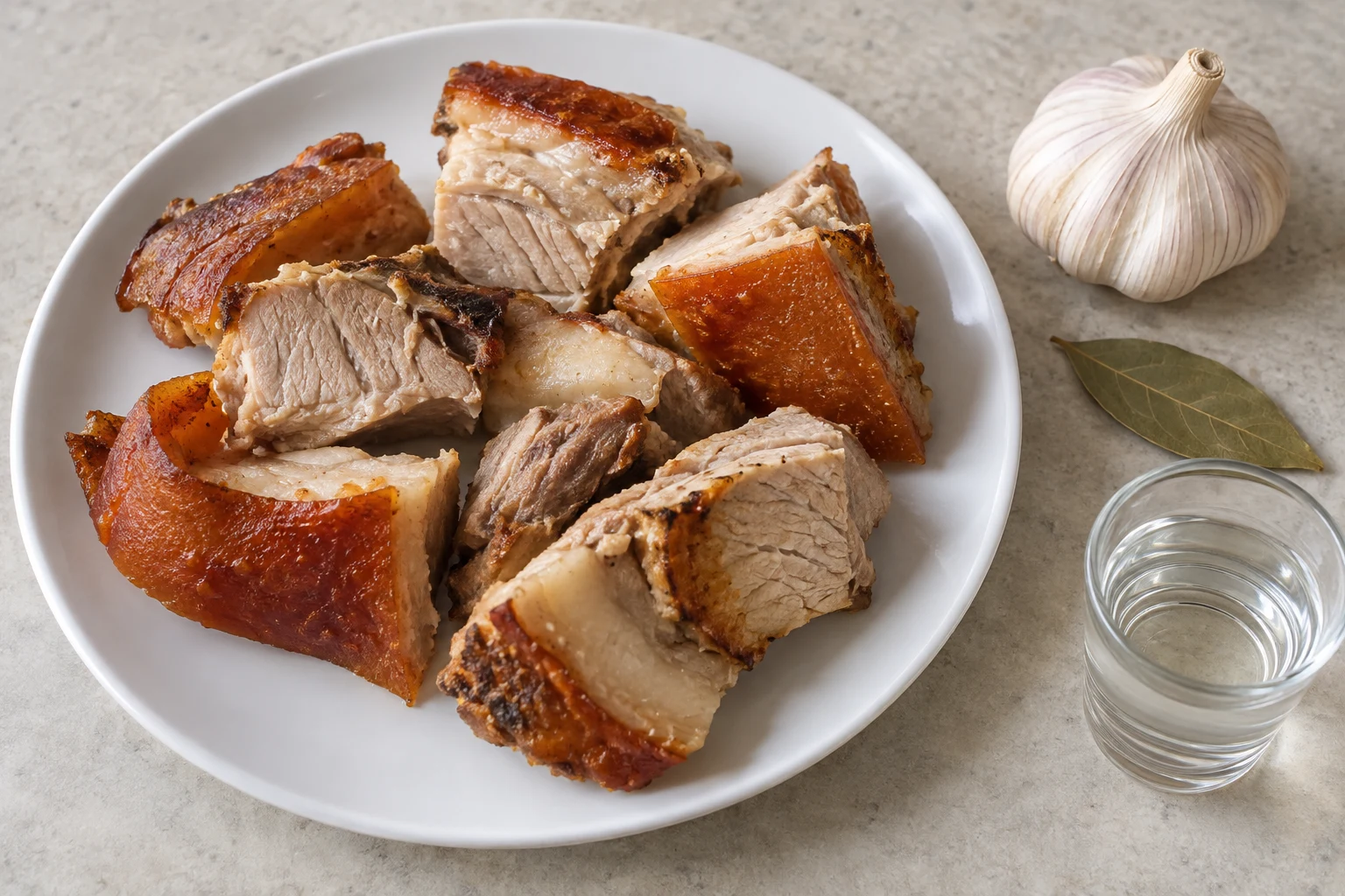 Chopped cooked roast pork on a white plate with garlic and vinegar nearby