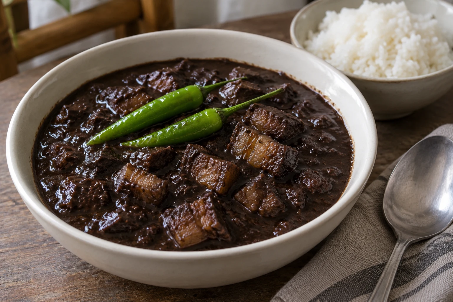 Dark brown dinuguan gravy with tender pork pieces and long green chilies, with rice on the side.