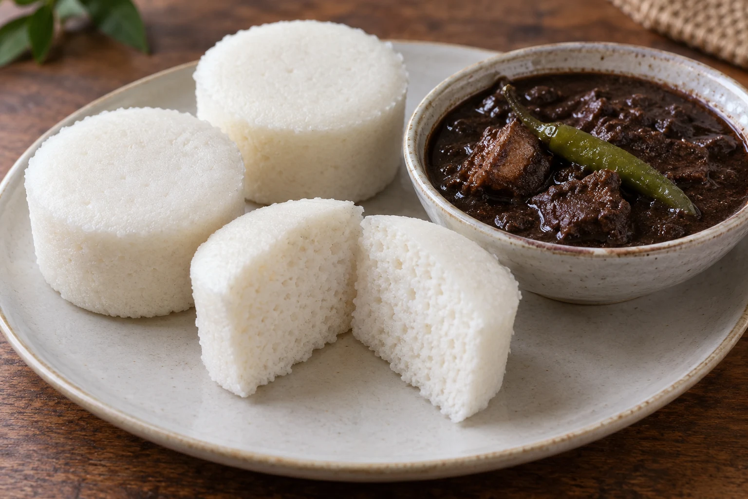 Plain white steamed puto cakes with fine porous crumb beside a bowl of dinuguan.