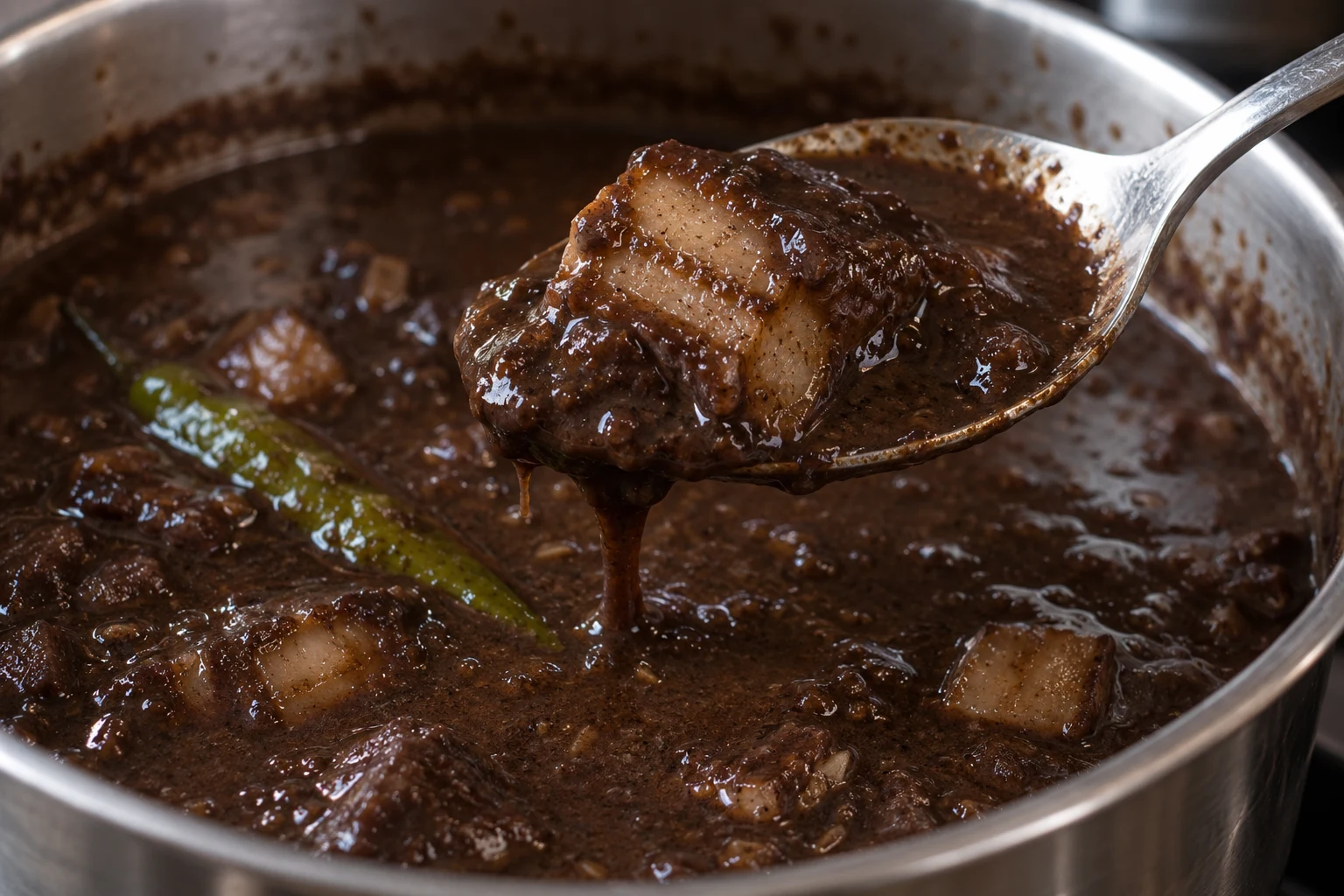 A spoonful of cooked pork coated in glossy dark dinuguan gravy above a pot.