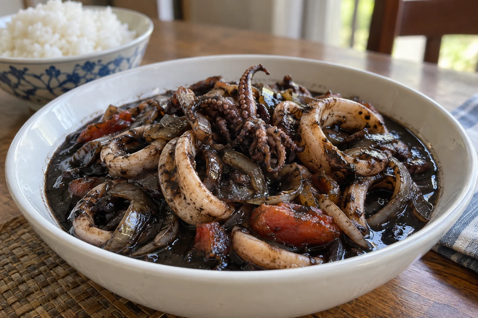 Cooked squid rings and small tentacle clusters in glossy dark ink sauce with softened tomato and onion, beside steamed rice