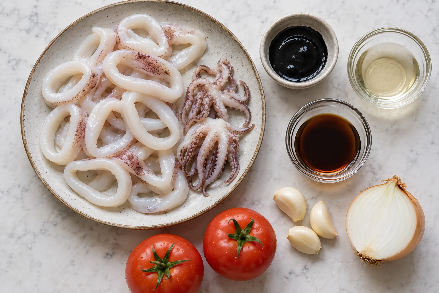 Cleaned raw squid rings and tentacles with separate bowls of ink, vinegar and soy sauce, garlic, onion and tomatoes