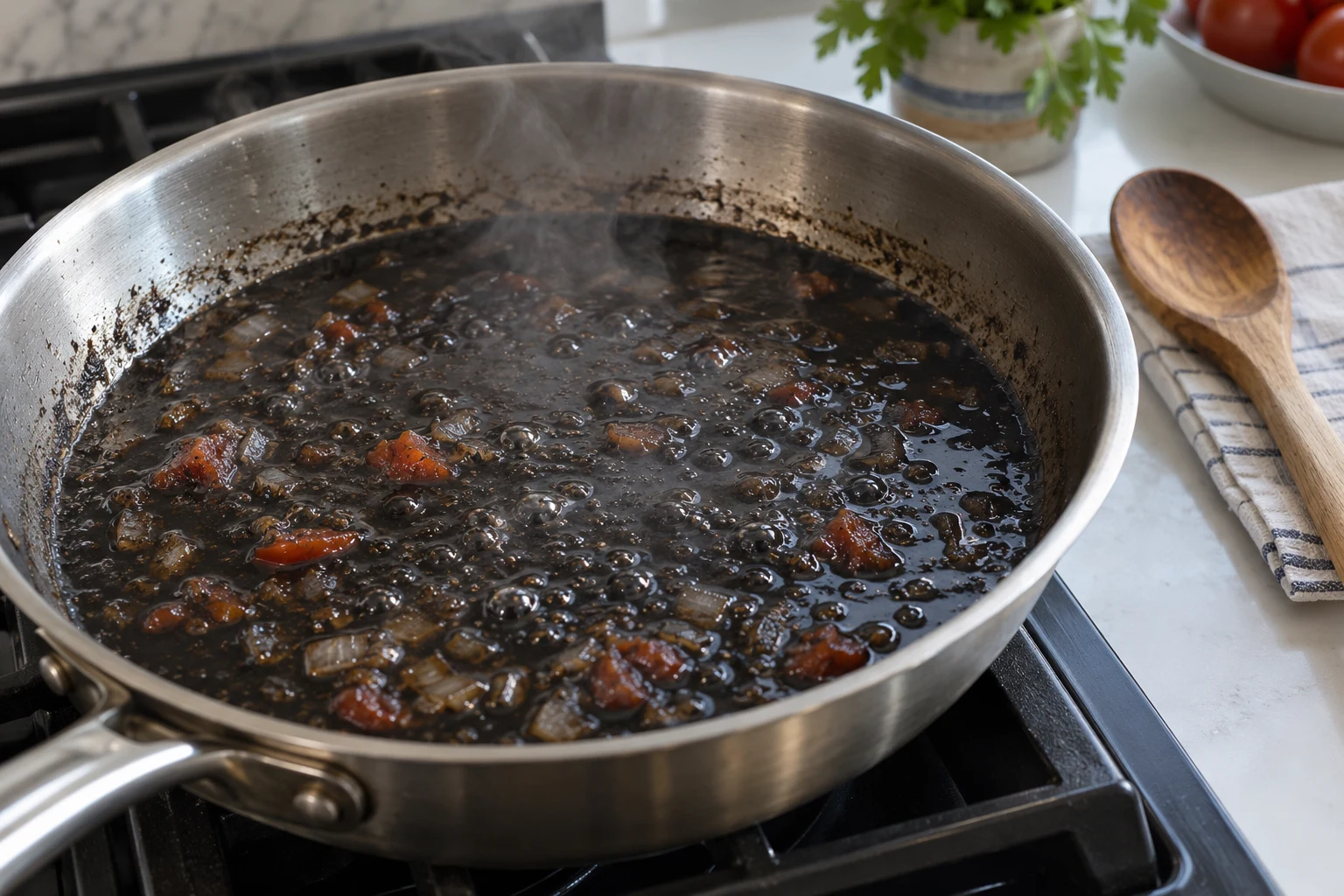 Dark squid-ink sauce with softened onion and tomato gently bubbling in a shallow pan without squid