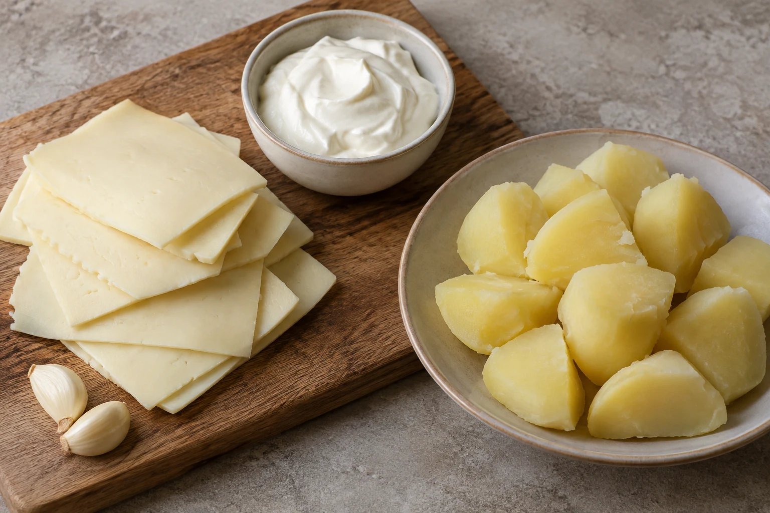 Thin slices of pale fresh tome beside boiled potato pieces, cream and garlic
