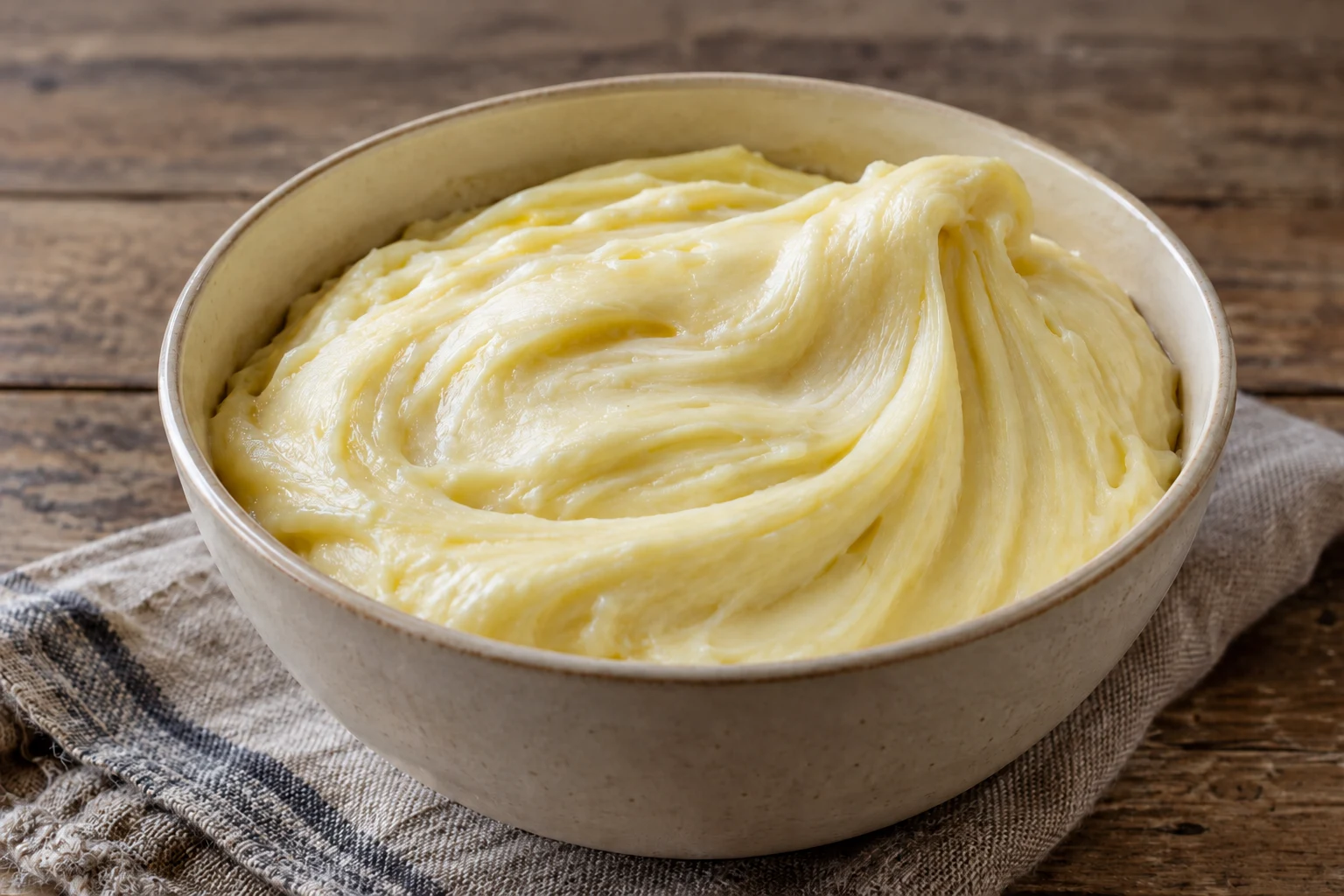 Smooth pale aligot folded into a plain ceramic bowl