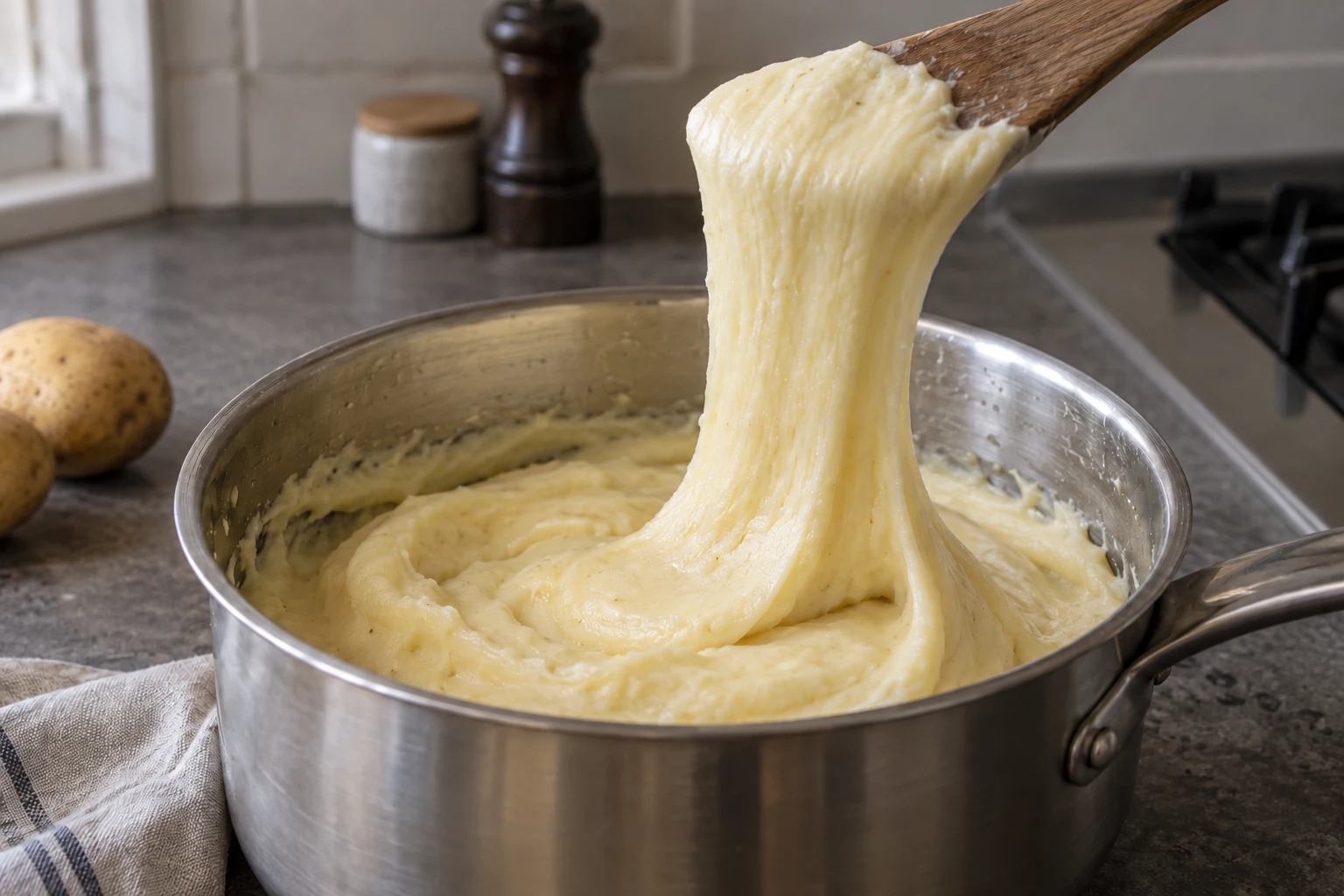 A broad wooden spatula lifting a short thick ribbon of aligot from a saucepan
