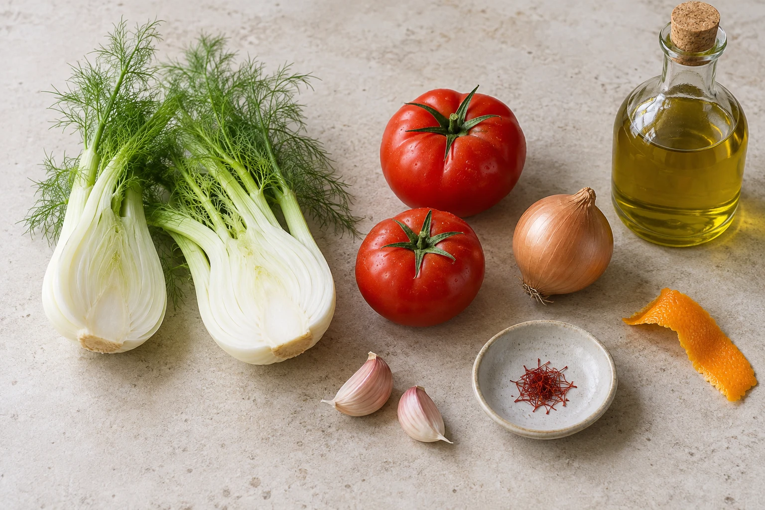 Fennel, tomatoes, onion, garlic, saffron, orange peel and olive oil on a worktop
