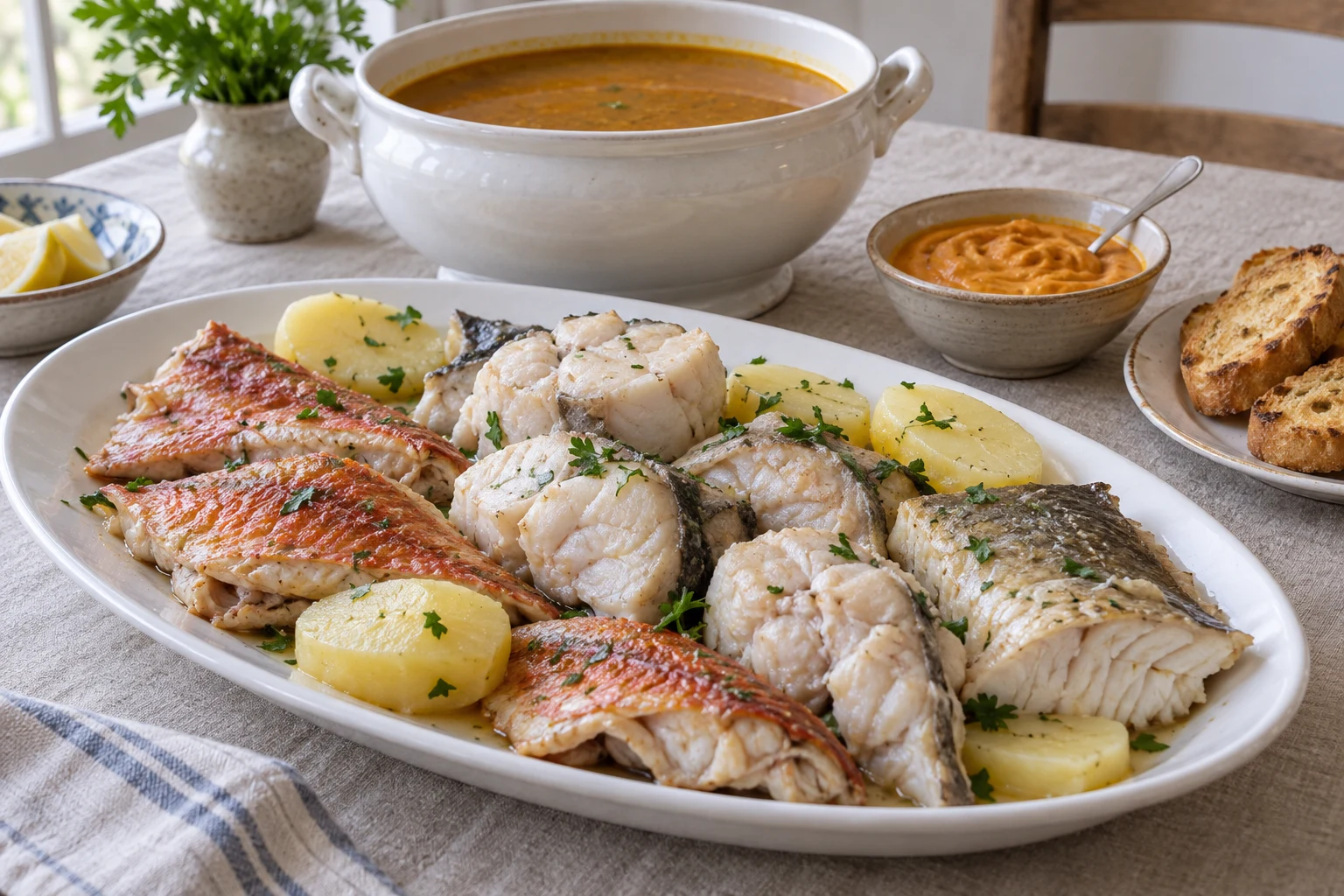 Cooked fish and potatoes on a platter beside a tureen of golden broth, rouille and baguette toasts