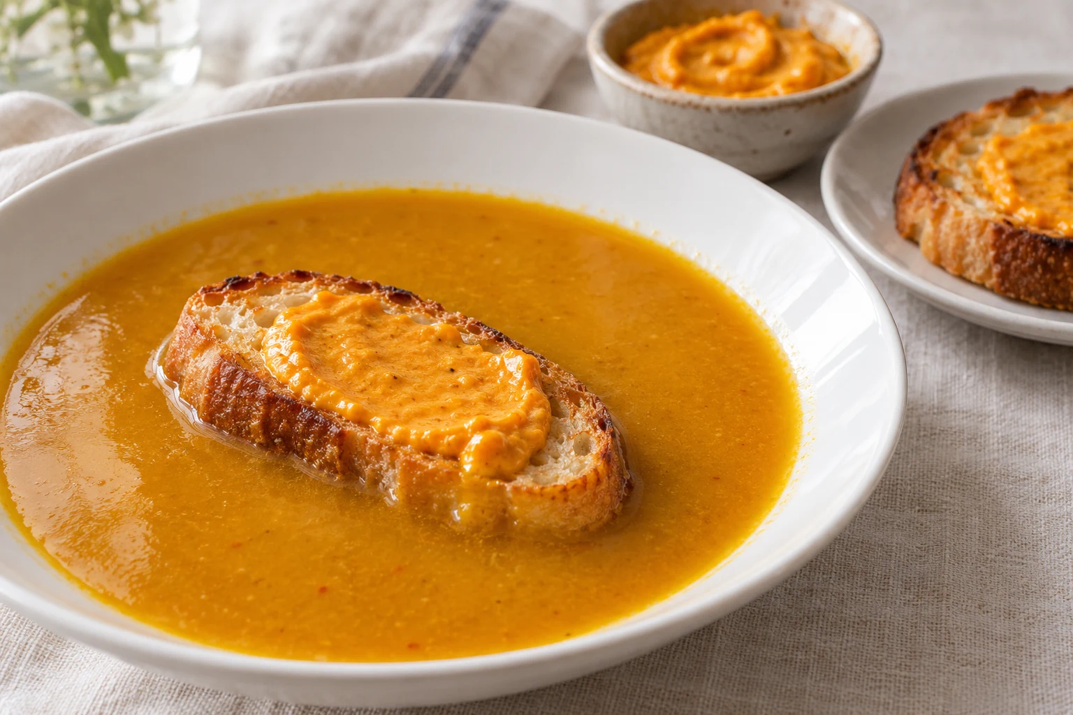 A baguette toast spread with orange rouille floating in a bowl of golden fish broth