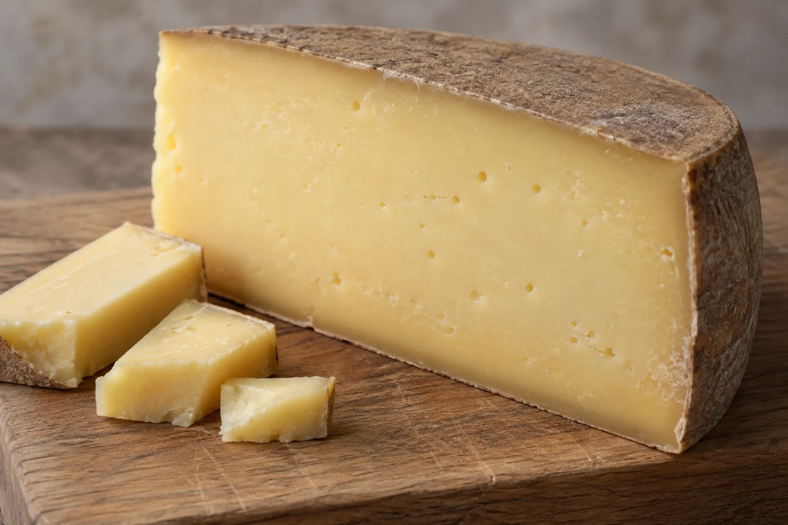 A firm pale-gold Comté wedge with a thin tan rind and small cut pieces on a board