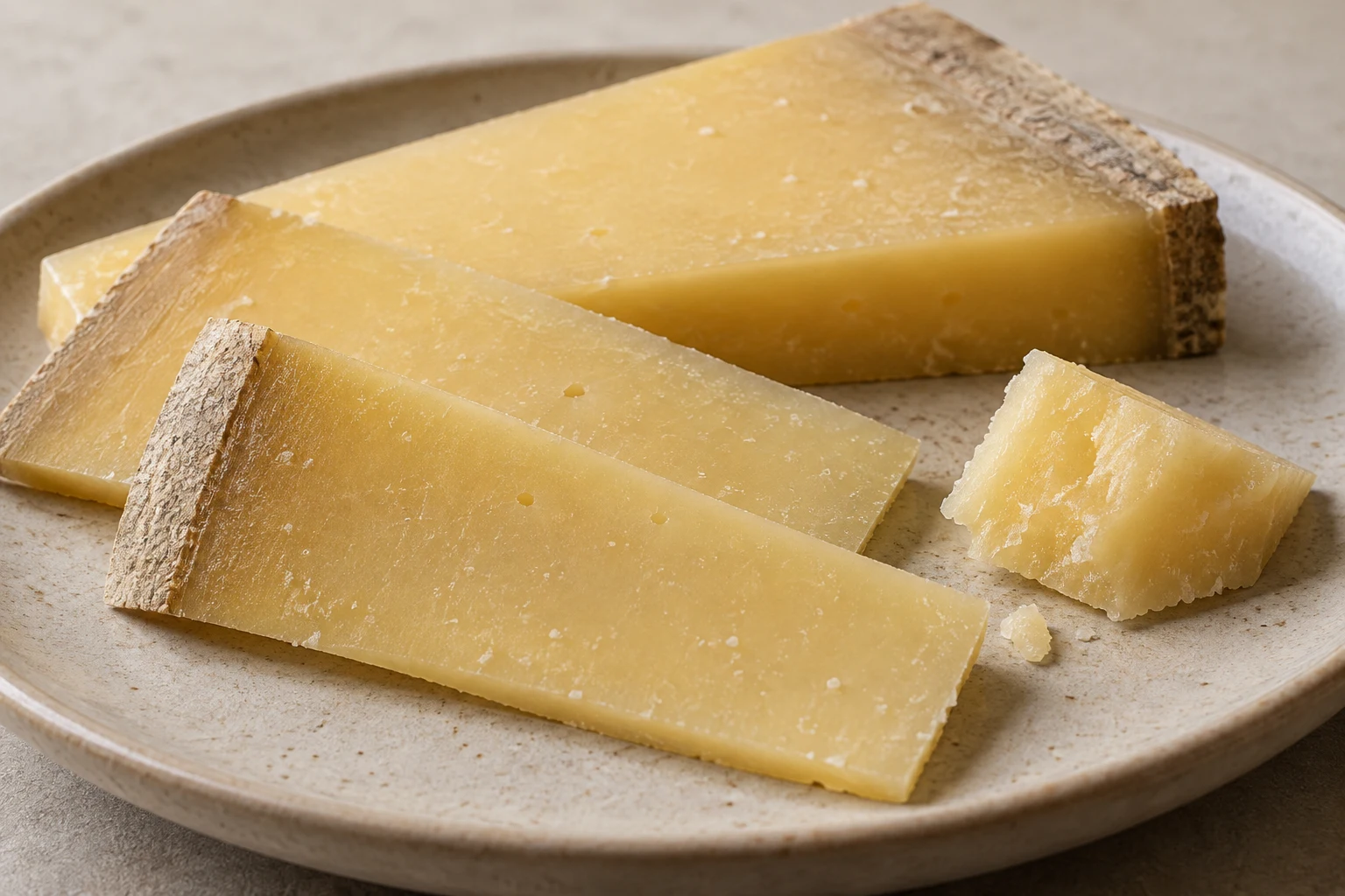 Thin firm cheese slices and a small broken piece showing the interior texture