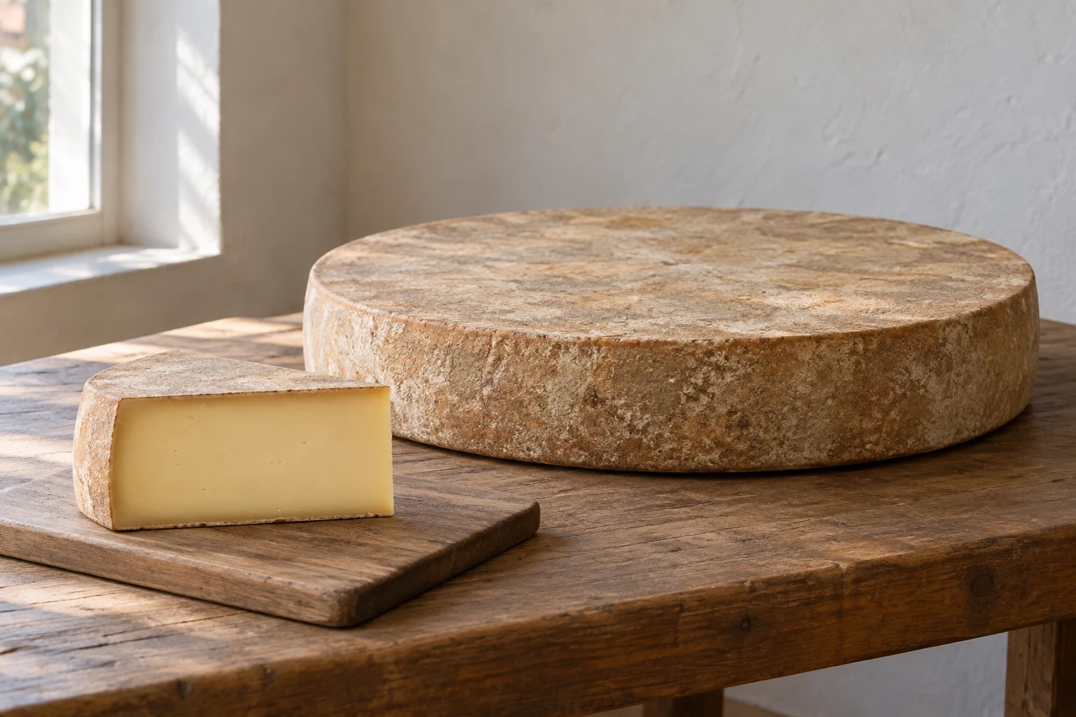 One broad low cheese wheel with a matching wedge on a separate board