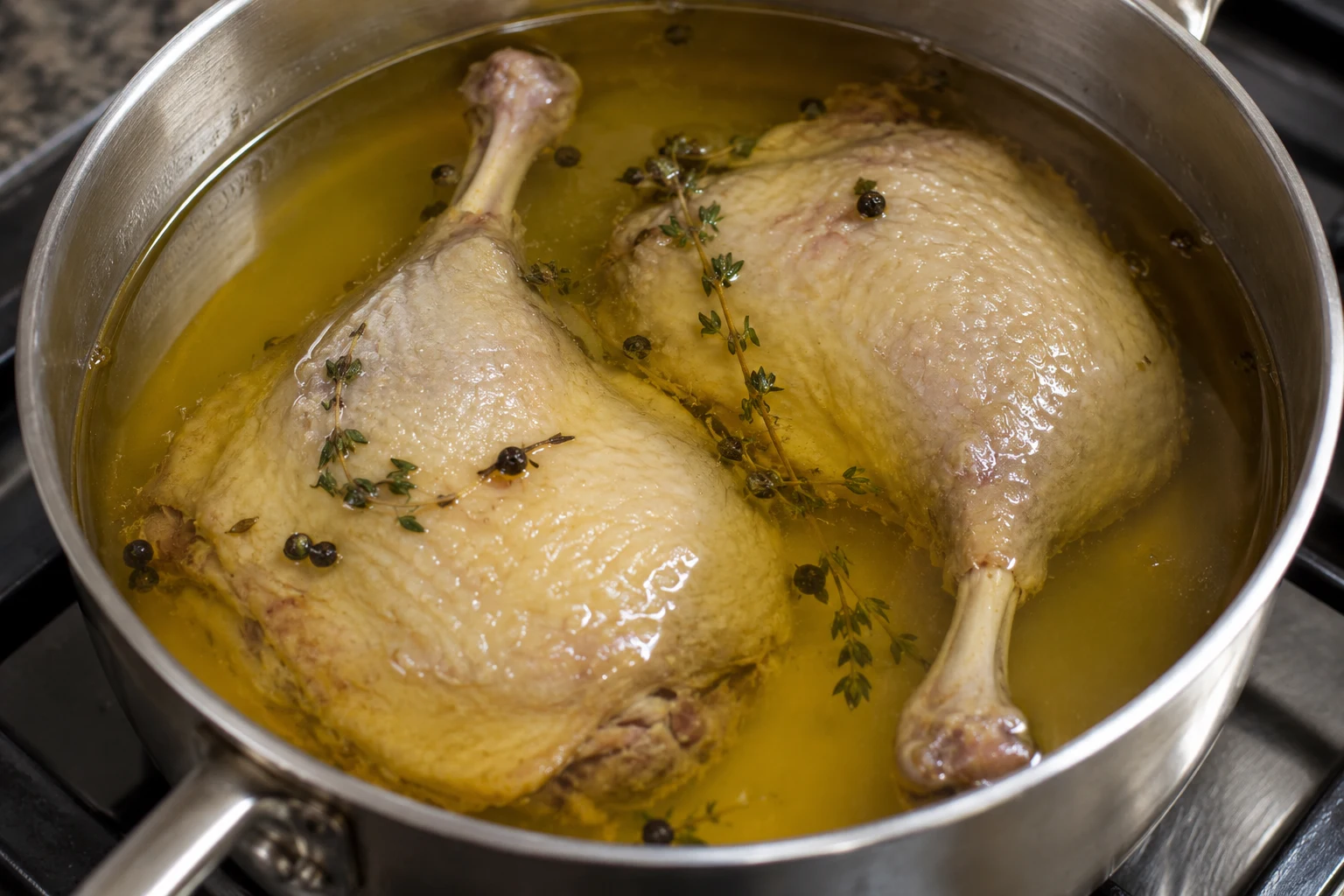 Pale duck legs almost submerged in calm clear golden cooking fat in a snug pan