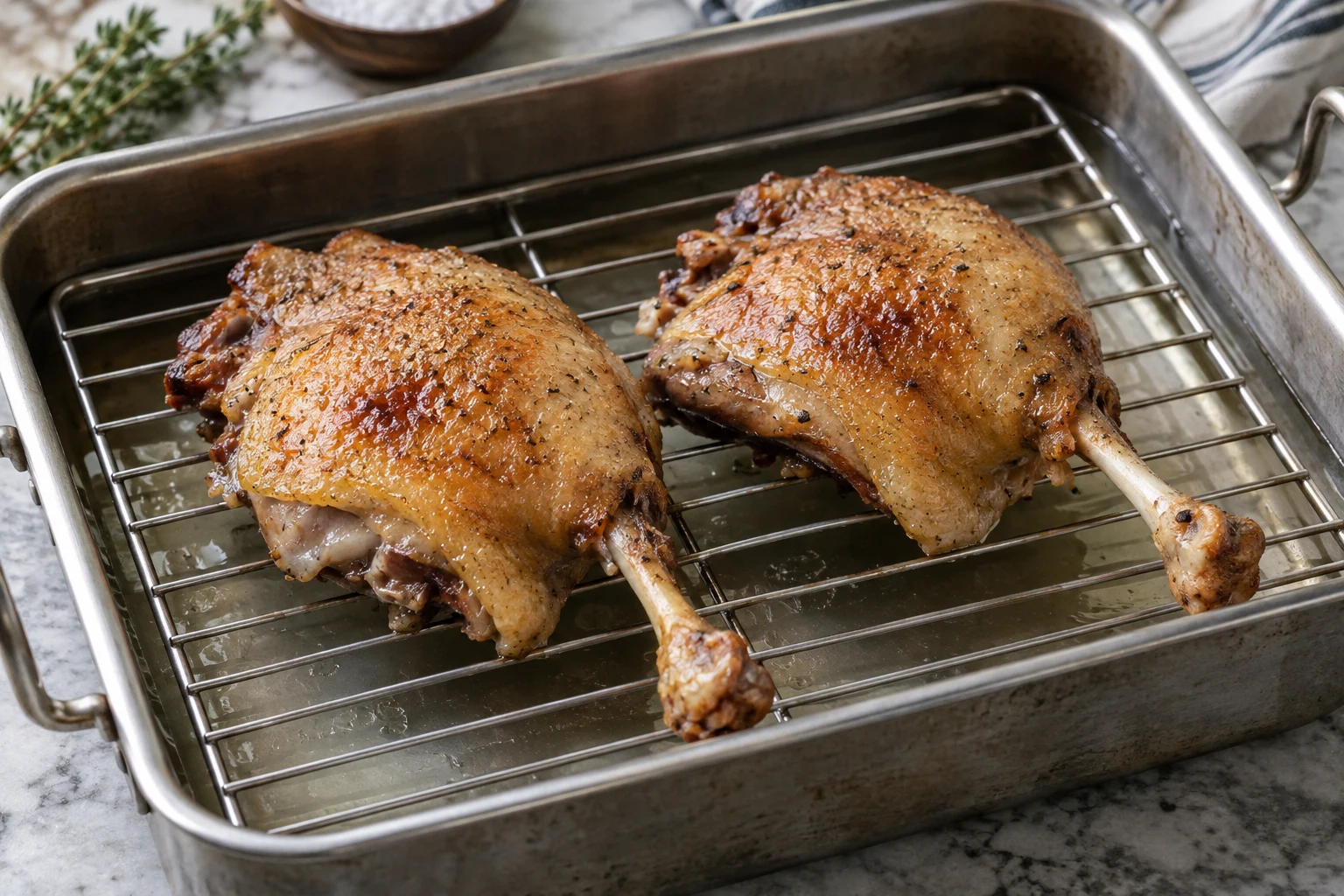 Two golden confit duck legs skin side up on a wire rack above a shallow water pan