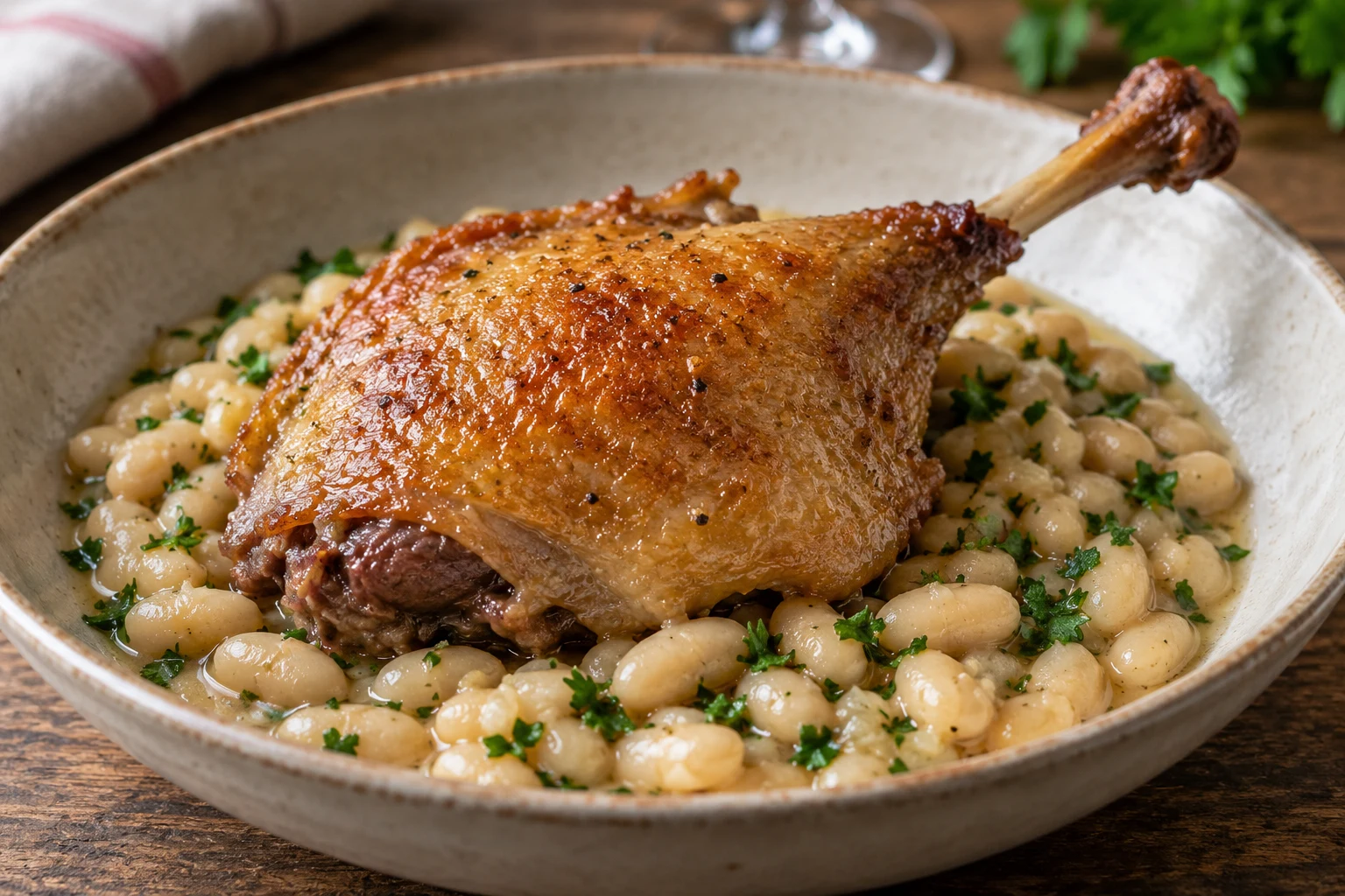 Crisp golden duck confit leg with attached thigh on creamy white beans