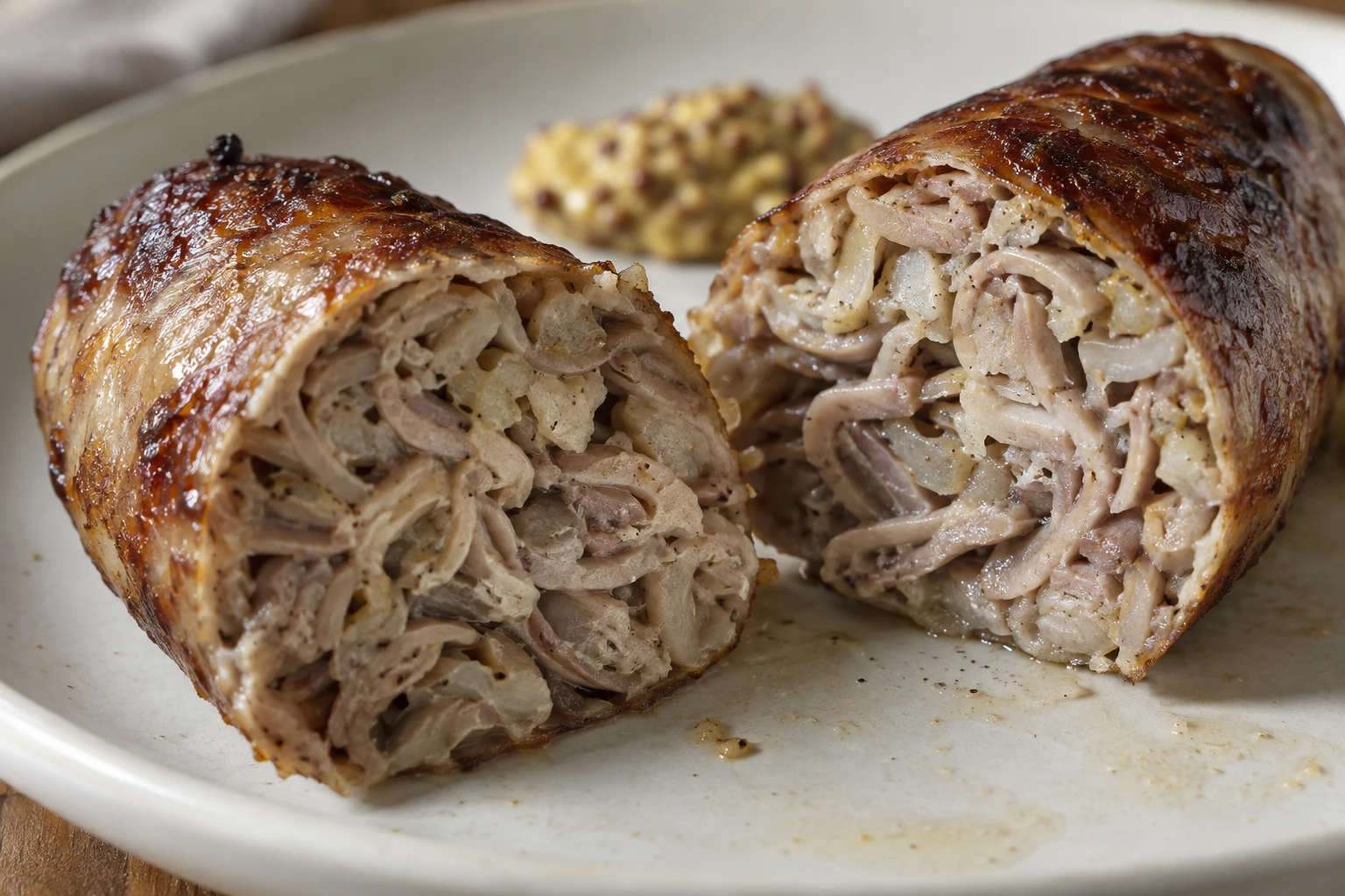 A halved andouillette showing irregular folded strips of cooked pork offal inside its casing.