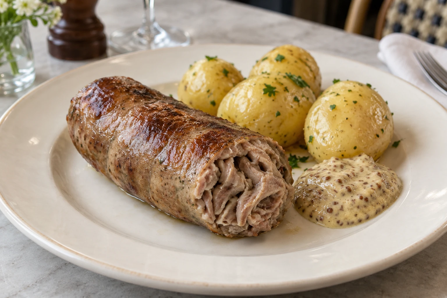 Browned andouillette with visible folded filling, small potatoes and grainy mustard sauce.