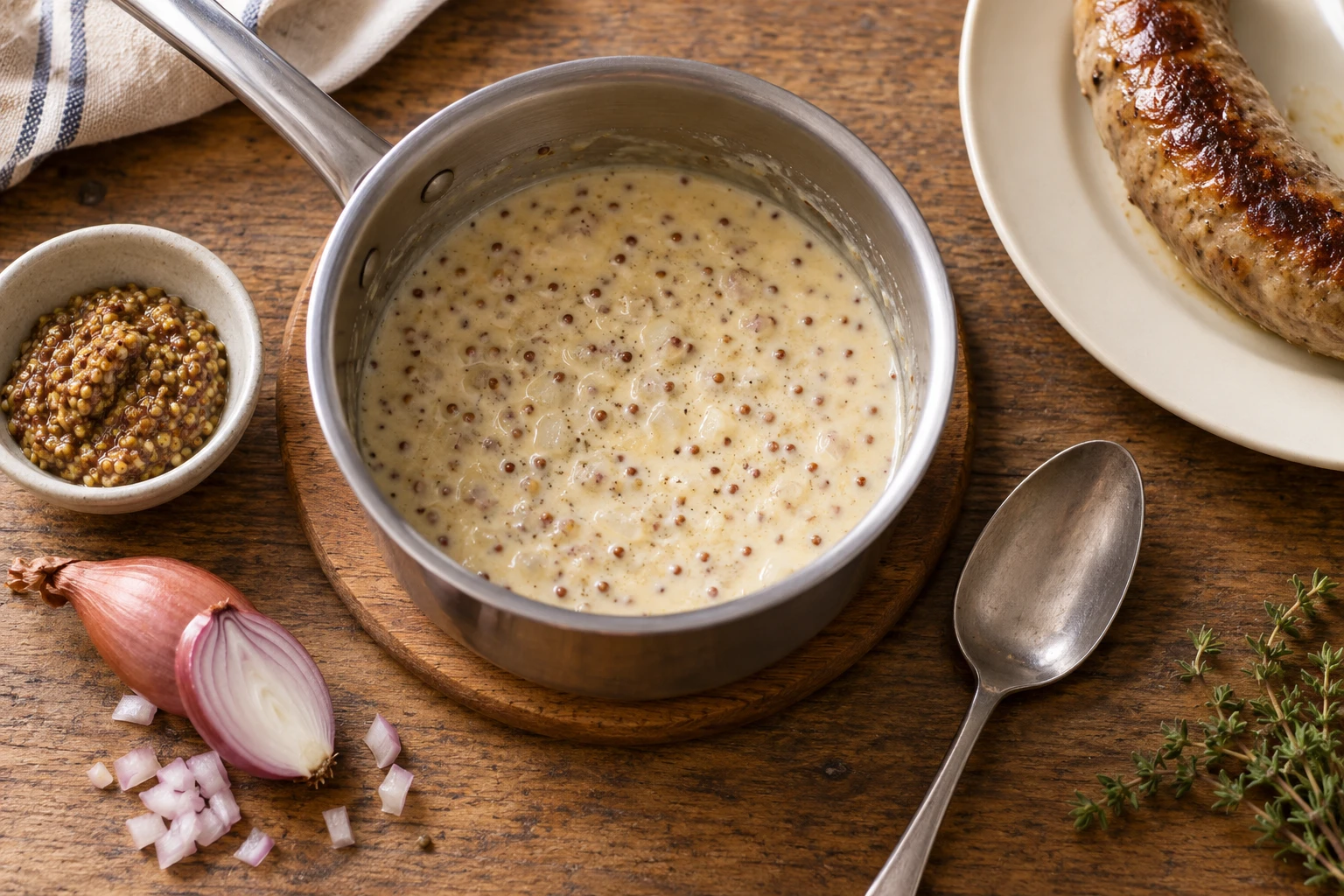 A saucepan of mustard cream sauce beside a shallot, mustard bowl and browned andouillette.
