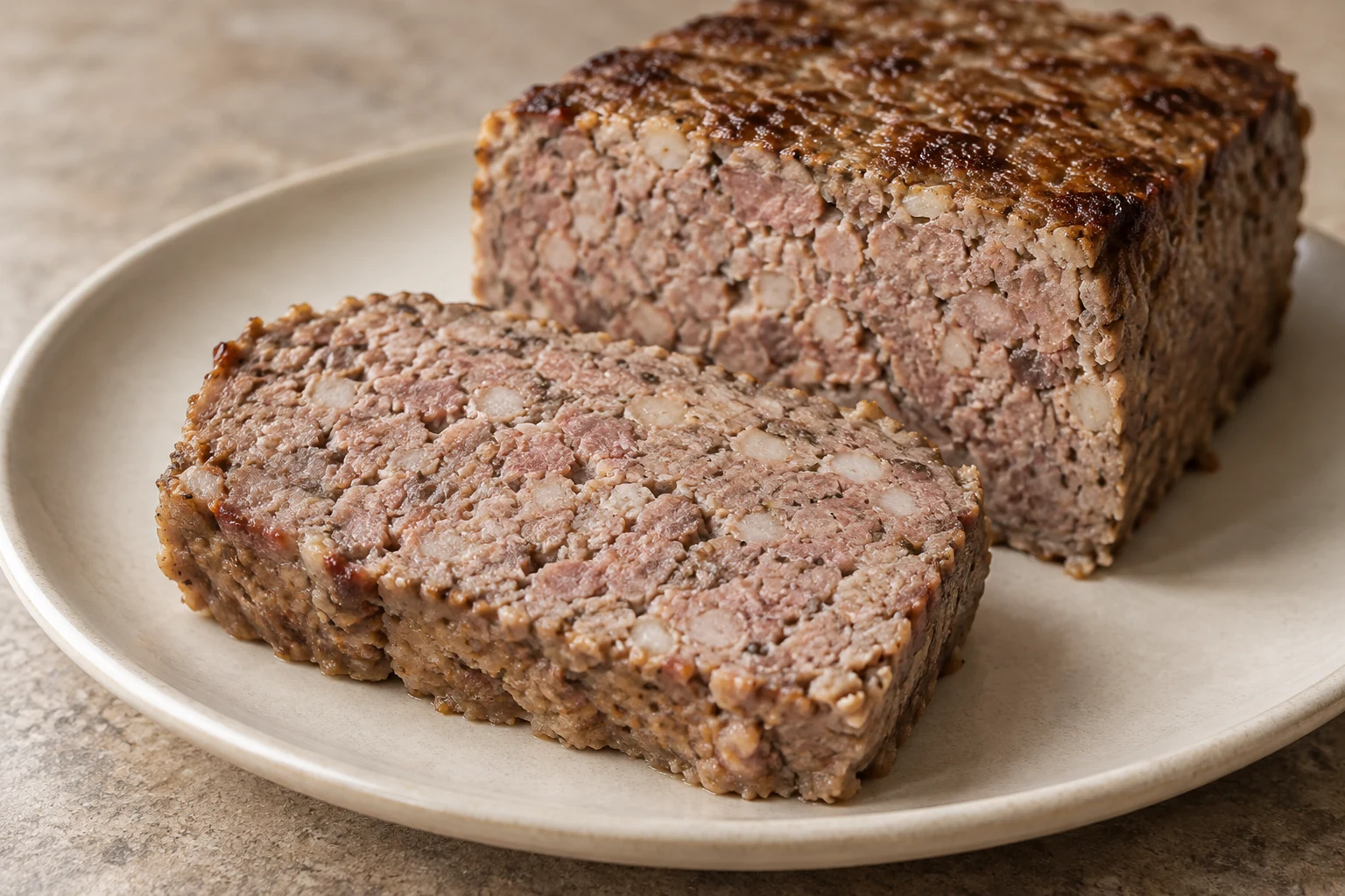 A thick slice of coarse country pâté beside the remaining loaf, showing uneven meat grains and pale fat flecks
