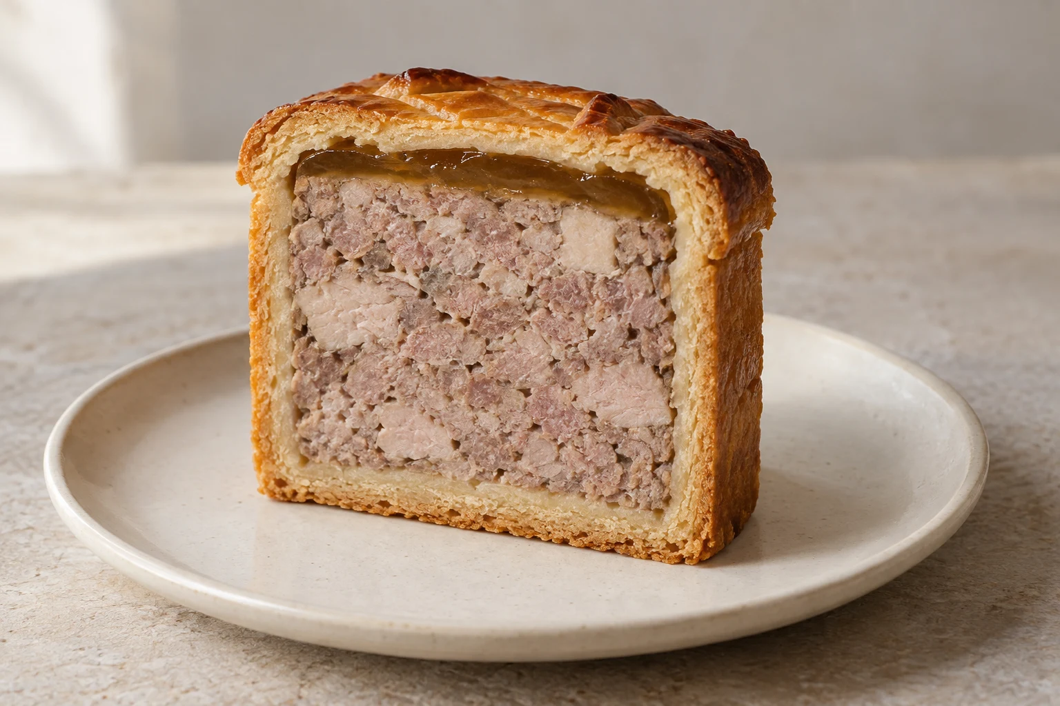 An upright slice of pâté en croûte with golden pastry, cooked meat filling and a narrow amber gelée layer beneath the top