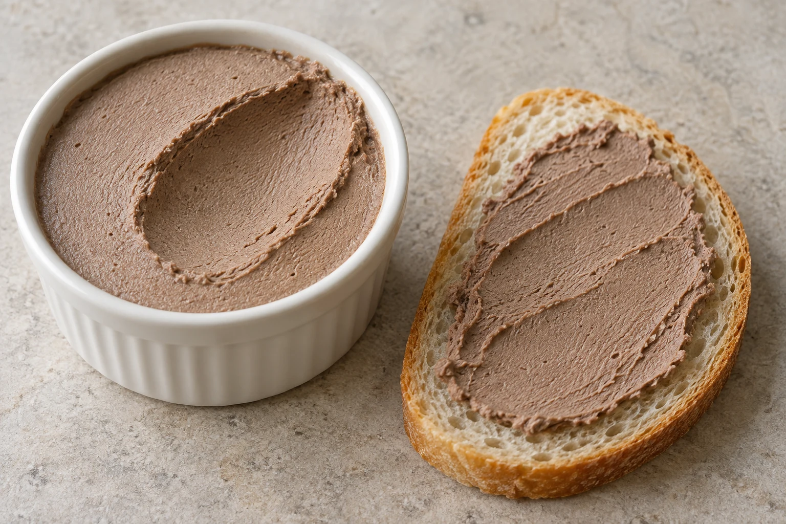 Smooth brown liver mousse in a ramekin and spread across an oval slice of bread