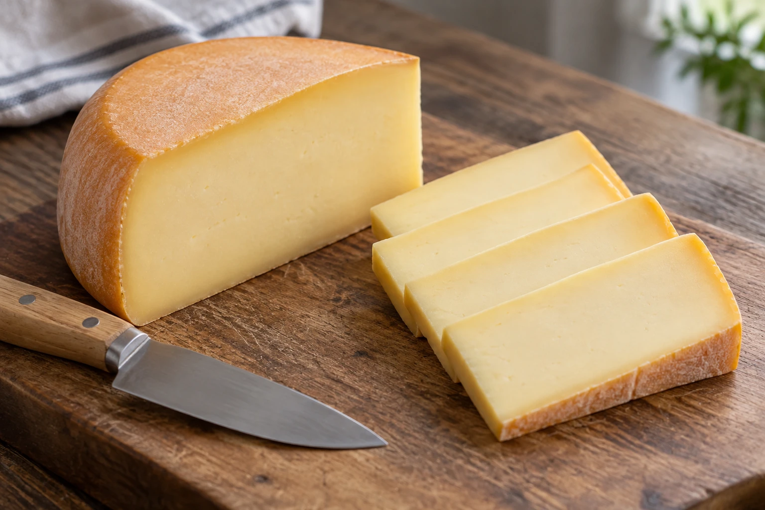 A wedge and rectangular slices of pale yellow raclette cheese with orange rind on a wooden board.