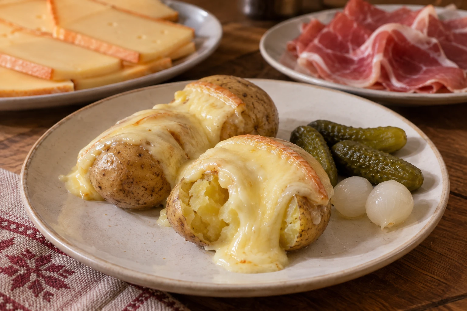 Melted raclette cheese over cooked skin-on potatoes beside cornichons and pickled onions.
