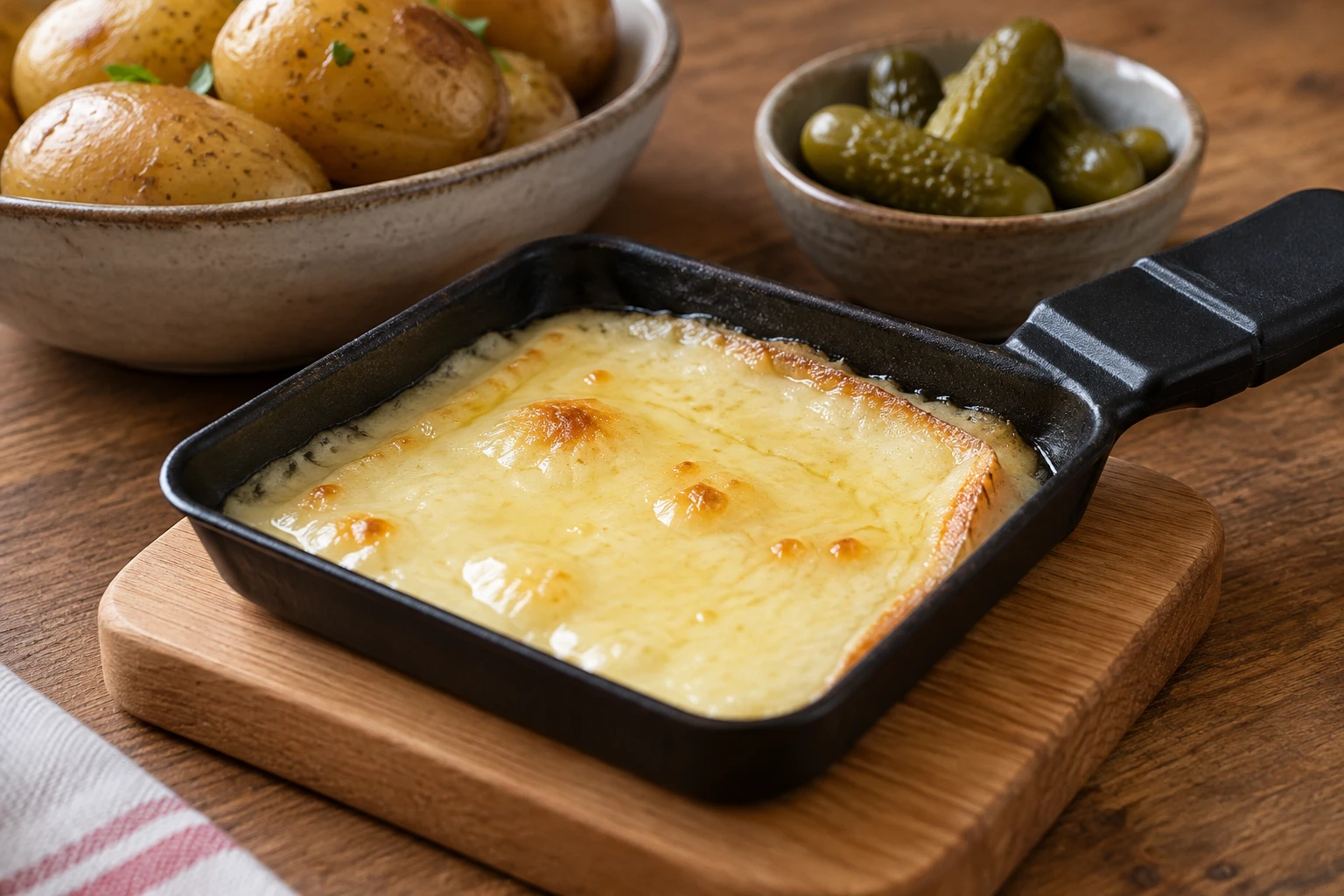 Melted cheese with light golden bubbles in a small black raclette pan on a trivet.
