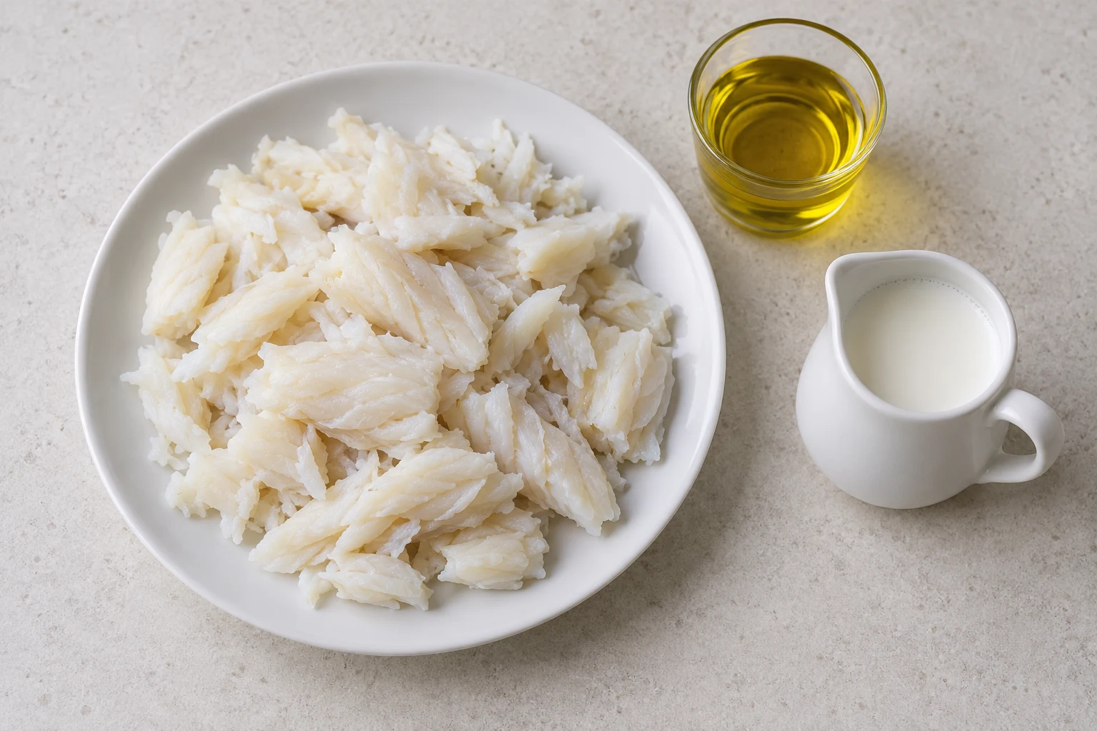 Opaque cooked cod flakes on a plate beside a small glass of olive oil and ceramic milk jug