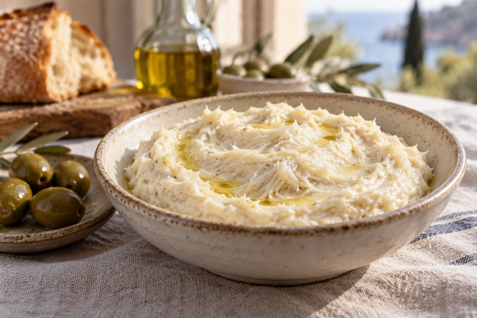 Shallow bowl of creamy ivory salt-cod brandade with a few green olives served alongside