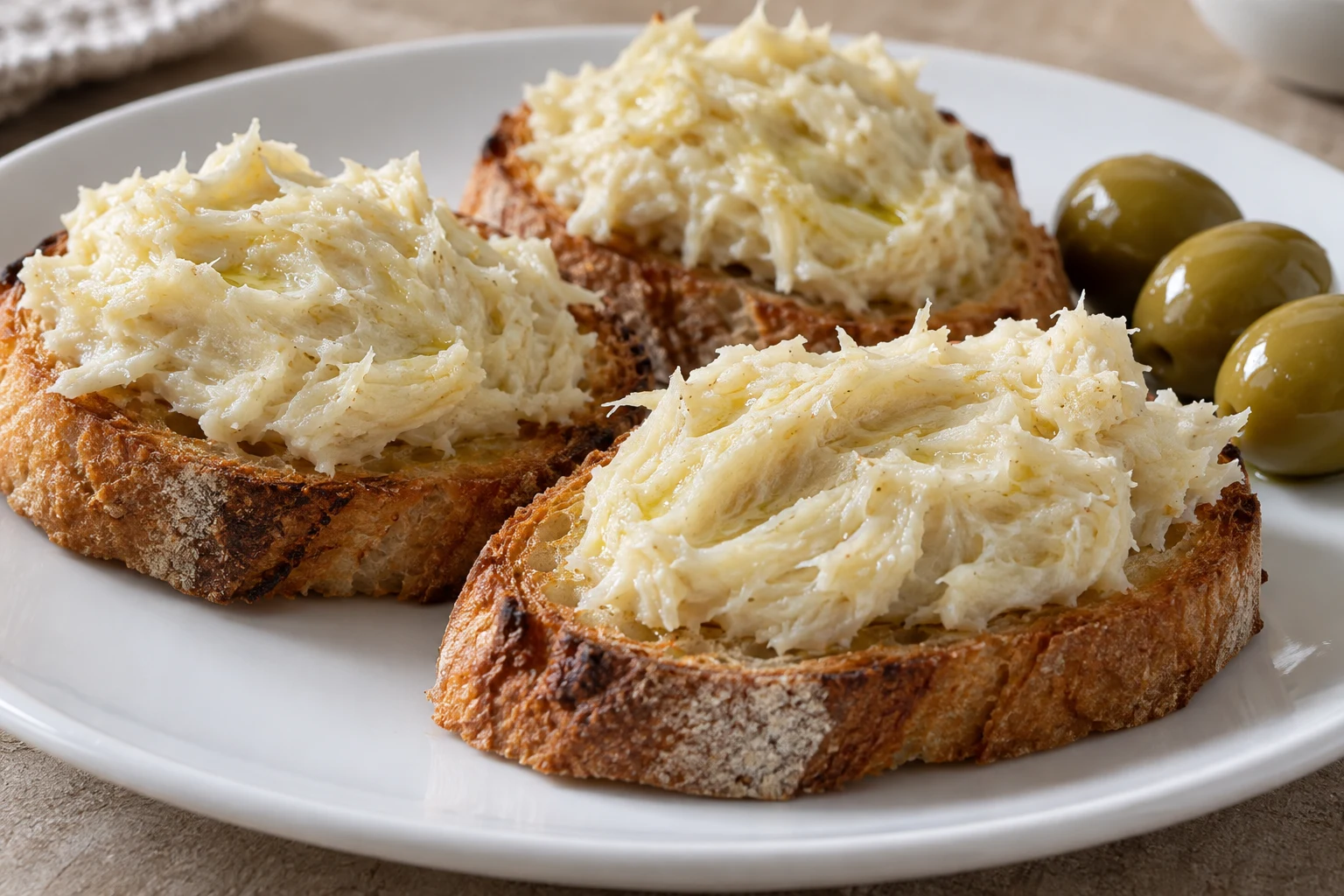 Three toasted bread slices topped with pale creamy brandade and green olives at the edge of the plate