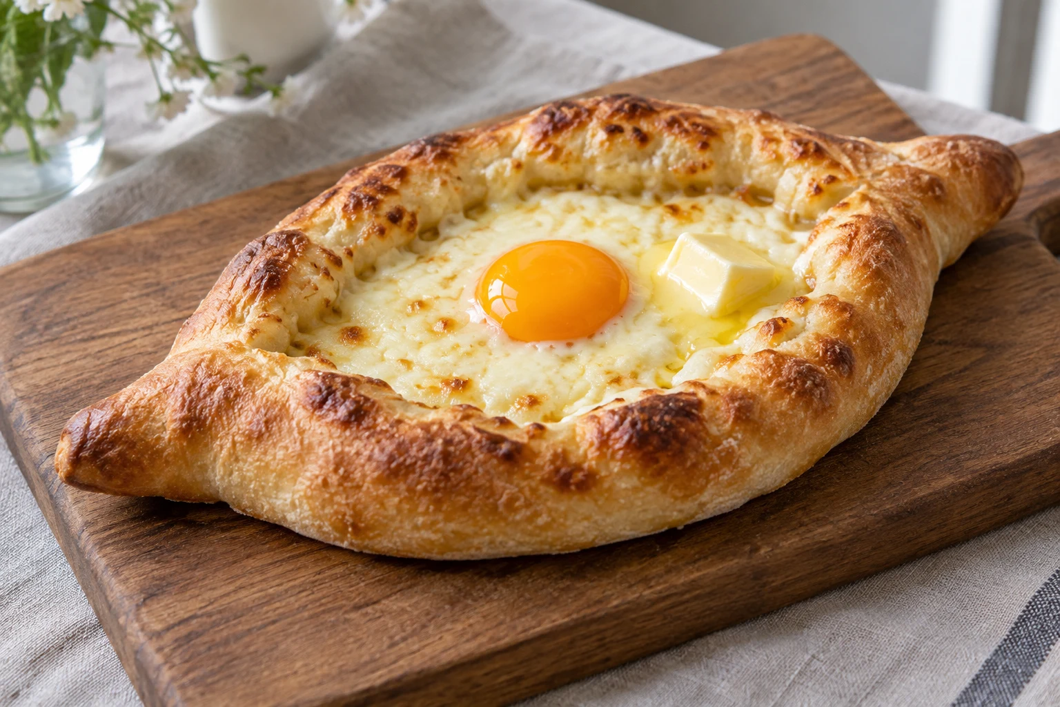 Golden open khachapuri bread boat with melted white cheese, one egg yolk and a small butter pat