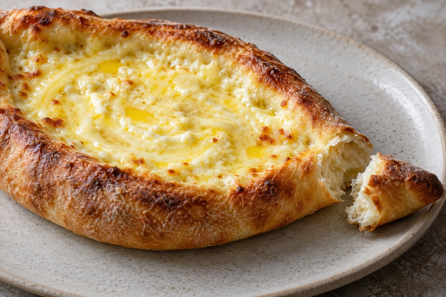 Baked bread boat with a creamy mixed cheese centre beside a broken piece of crust