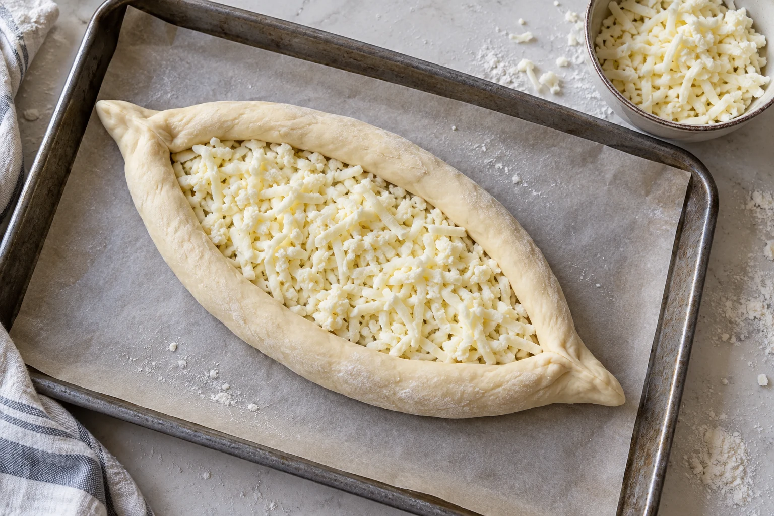 Unbaked oval dough boat with raised sides and pointed ends filled with grated white cheese