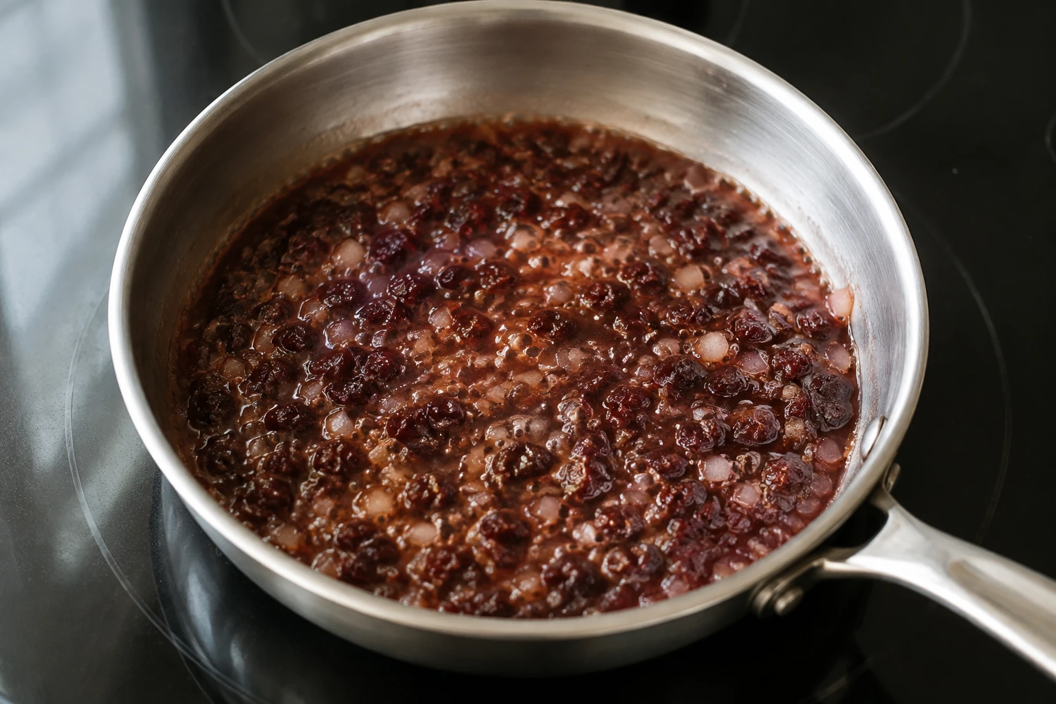 Softened chopped dried cherries and translucent diced onion simmering in a shallow reddish-brown sauce