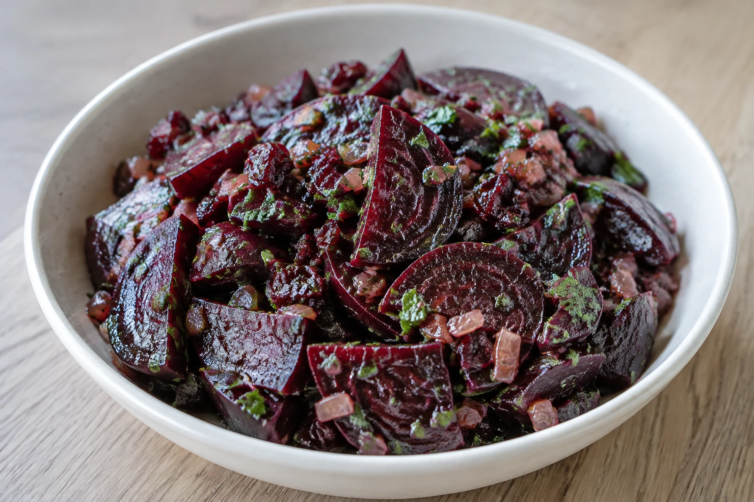 Roasted beet wedges with a chunky cherry-onion dressing and finely chopped green herbs in a shallow bowl