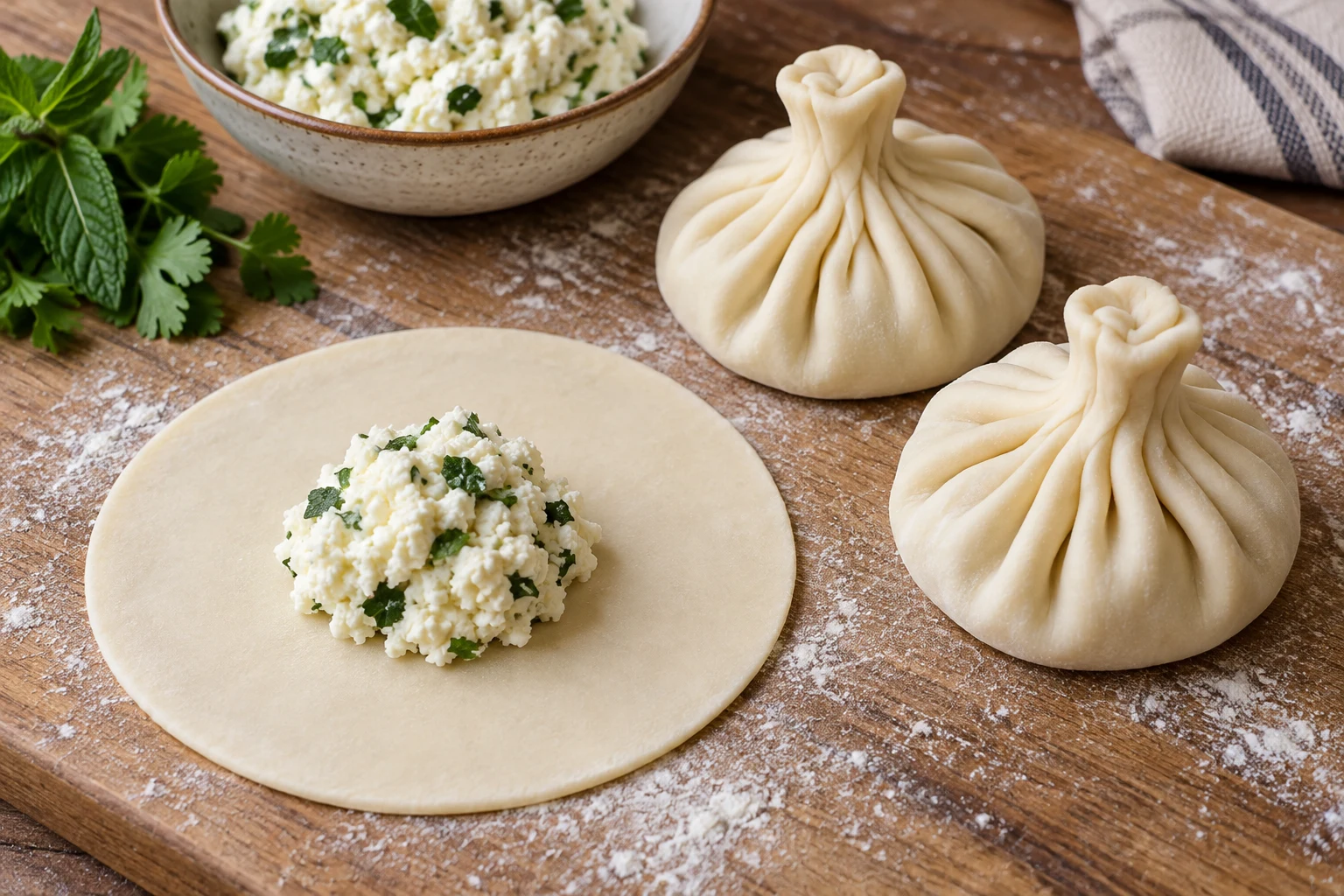 An open dough round with white herb cheese filling beside two folded raw khinkali