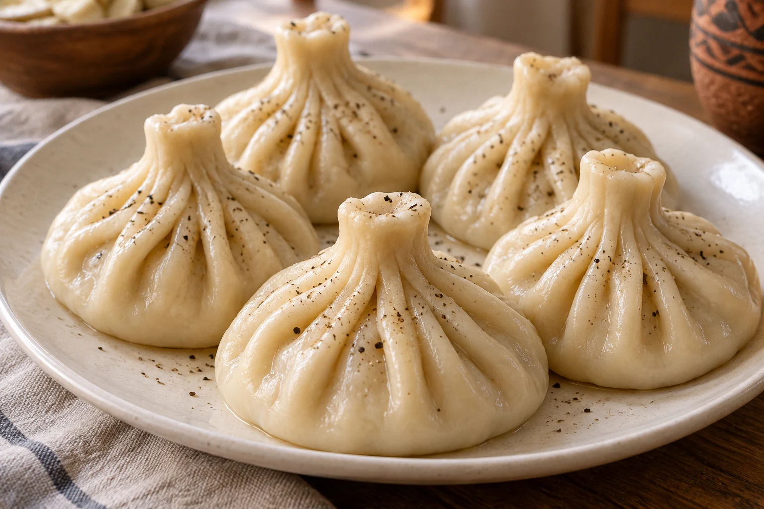 Five boiled Georgian khinkali with gathered dough tops and a light scattering of black pepper