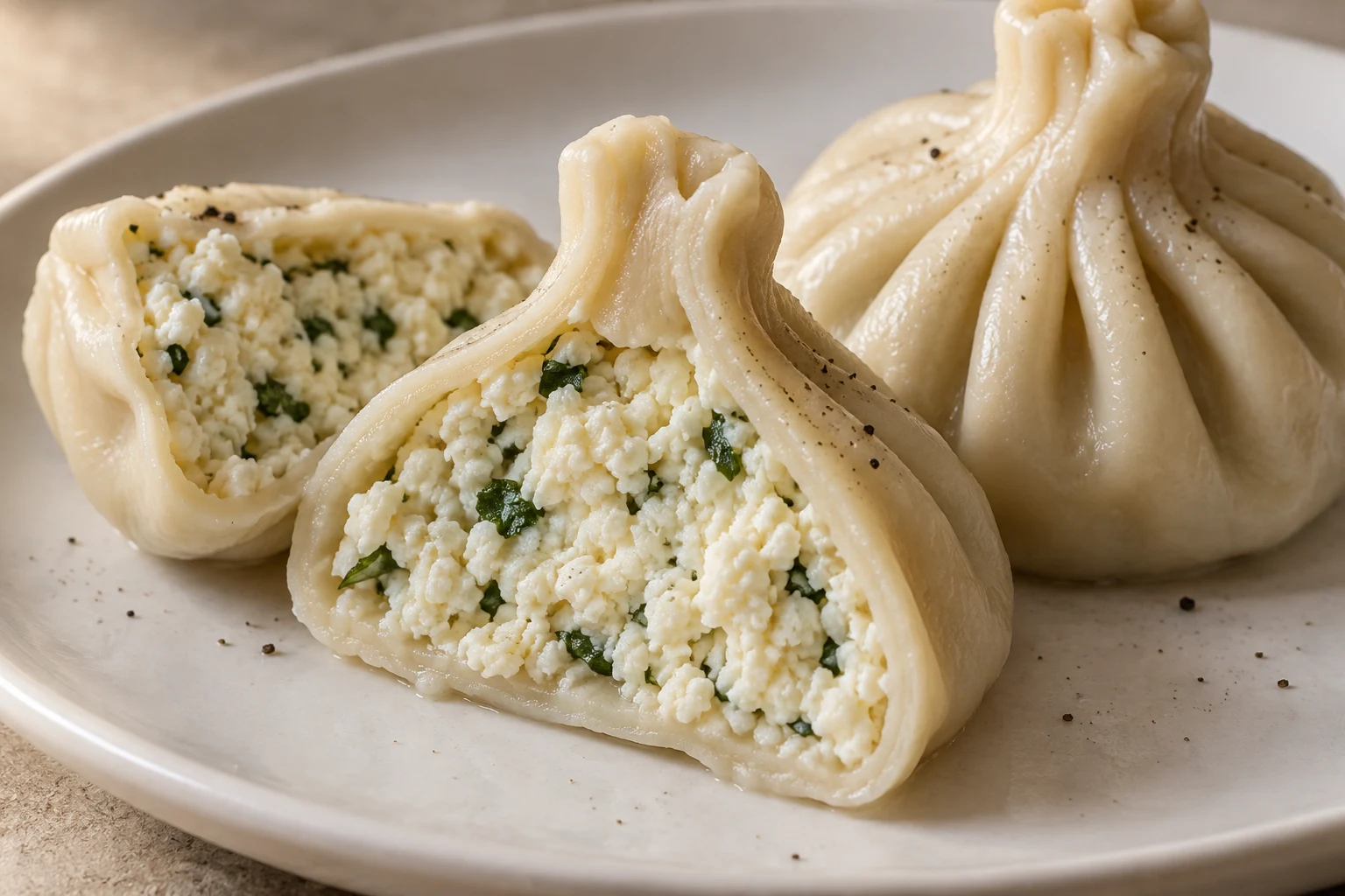 A boiled khinkali cut open to show soft white cheese curds and small green herb pieces