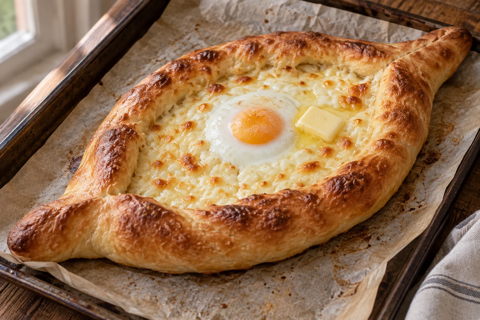 Boat-shaped khachapuri with melted cheese, a set baked egg and a small pat of butter